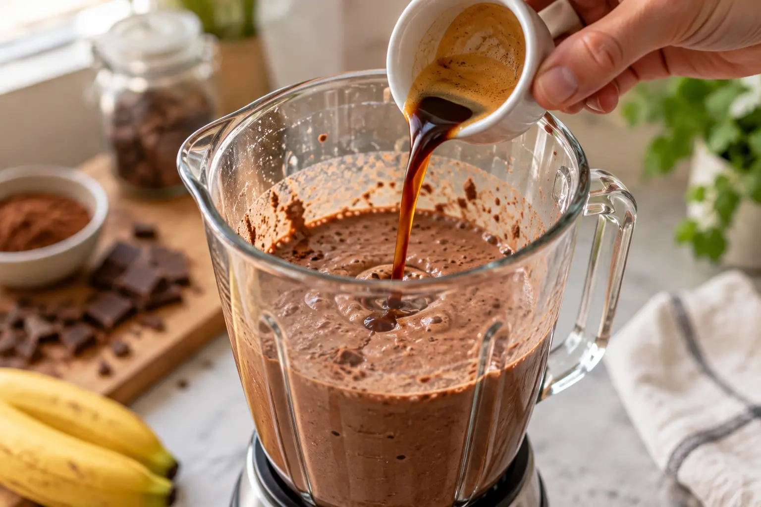 Café espresso versé dans le mélange chocolaté dans un blender