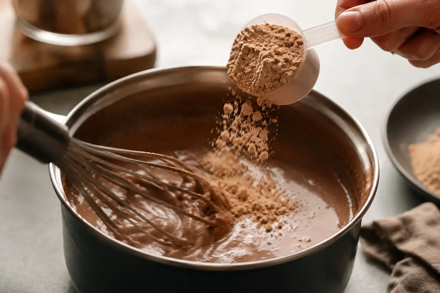 Whey protéine en poudre brune ajoutée en pluie dans une casserole de chocolat chaud crémeux, fouet en mouvement qui homogénéise