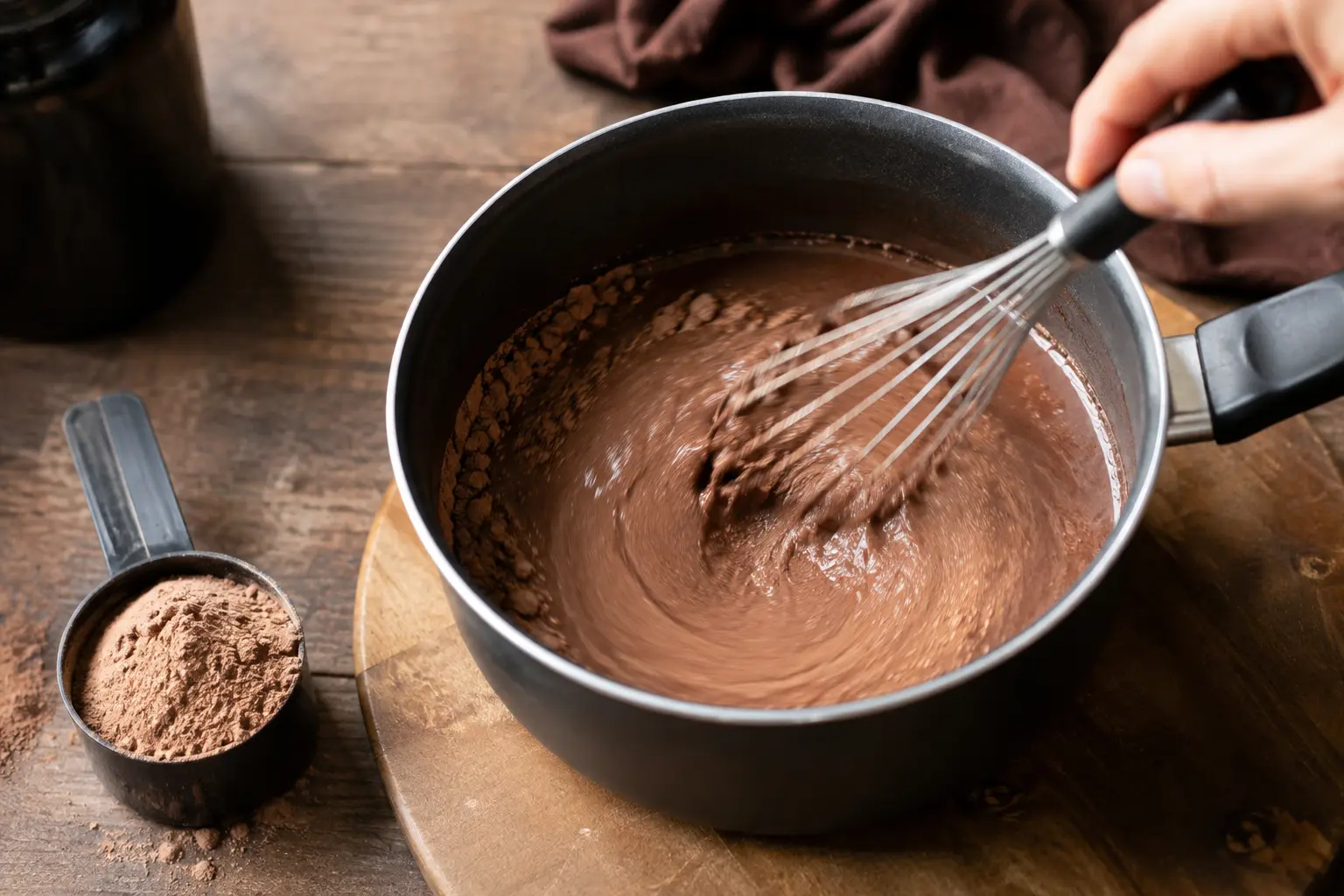 Ajout de la whey chocolat dans le chocolat chaud avec un fouet en action