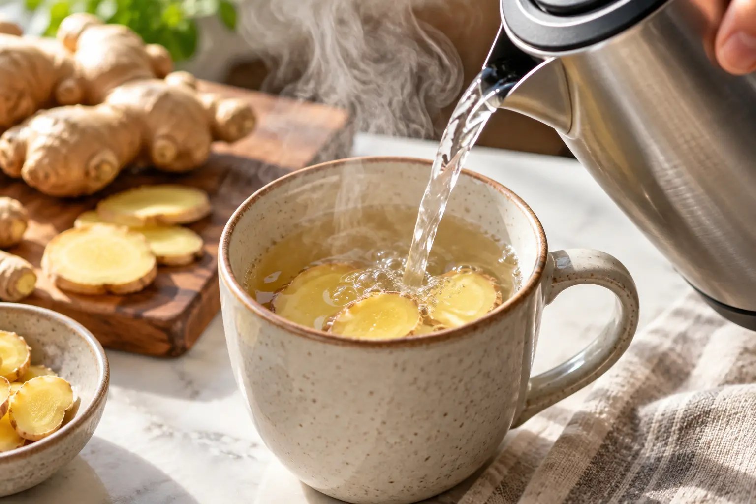 Rondelles de gingembre frais infusant dans une tasse d'eau chaude frémissante