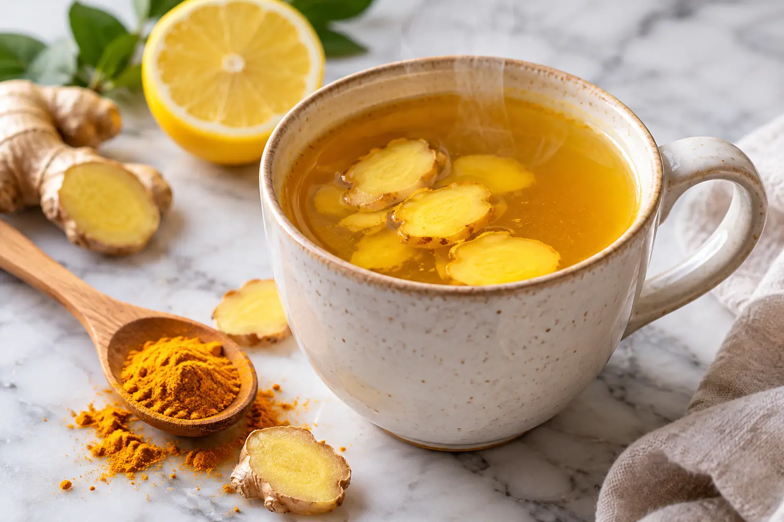 Infusion détox protéinée servie dans une tasse en céramique avec rondelles de citron et gingembre frais