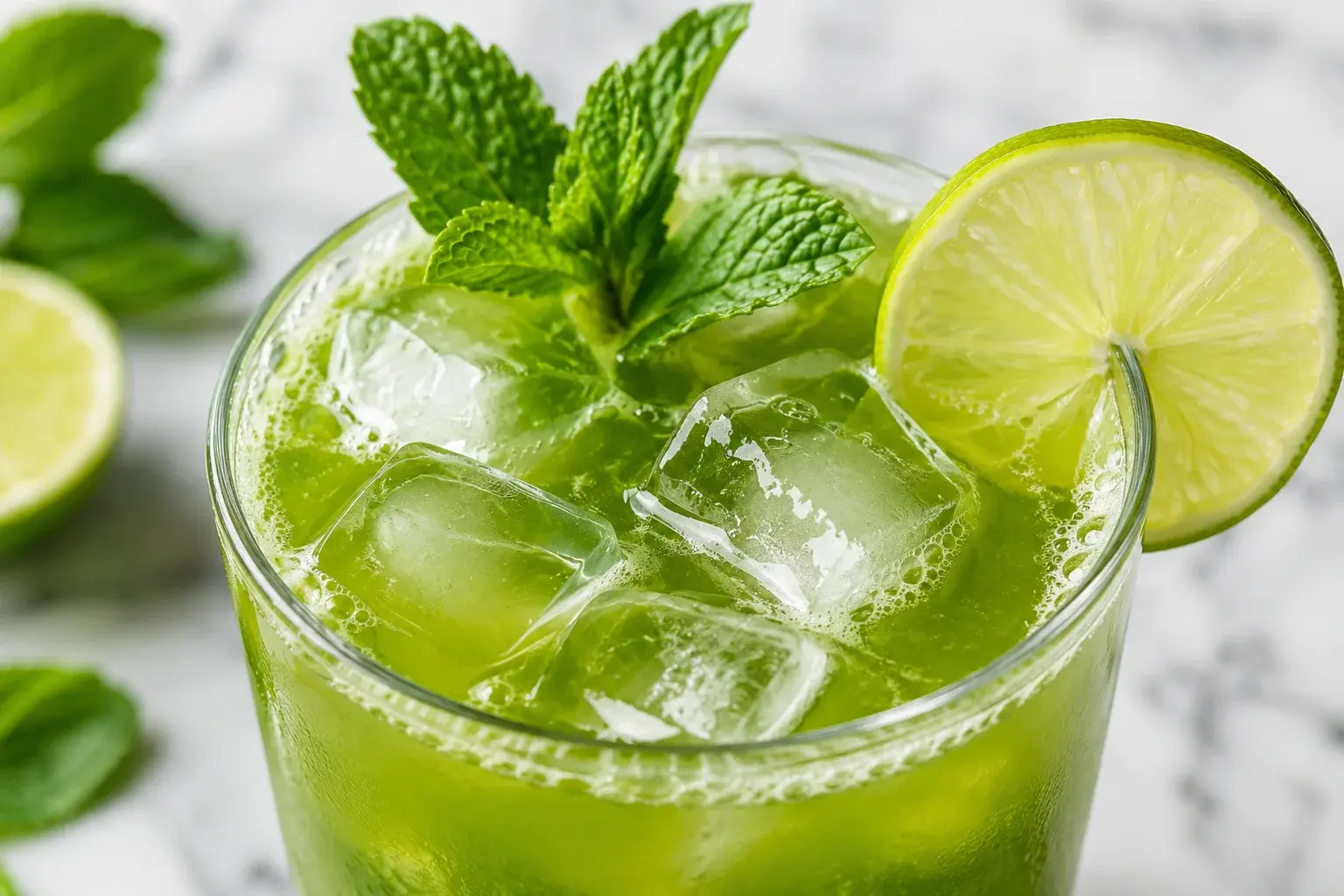 Gros plan sur un jus vert intense dans un verre transparent, fines bulles en surface, rondelle de citron vert et brins de menthe en décoration