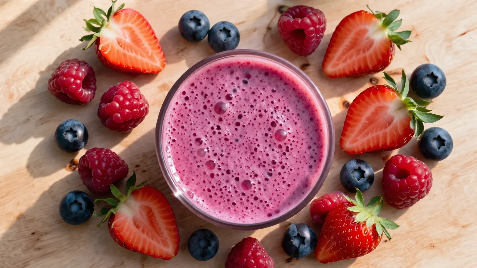 Vue de dessus d'un verre de kéfir aux fruits rouges maison entouré de fruits rouges frais épars, fraises, framboises et myrtilles, sur fond de bois clair