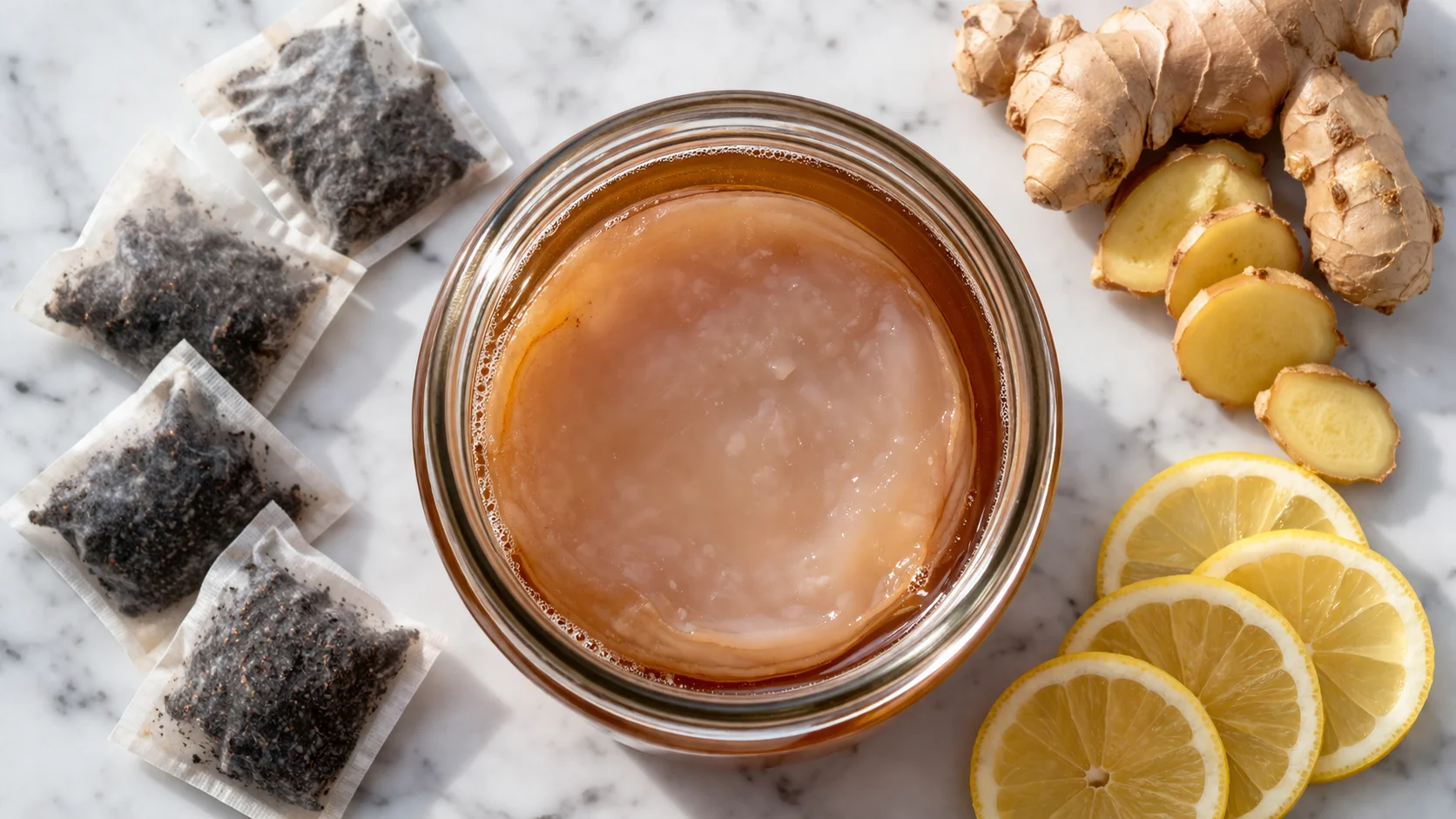 Vue de dessus d'un bocal de kombucha en fermentation avec le SCOBY visible, entouré d'ingrédients frais sur fond de marbre blanc
