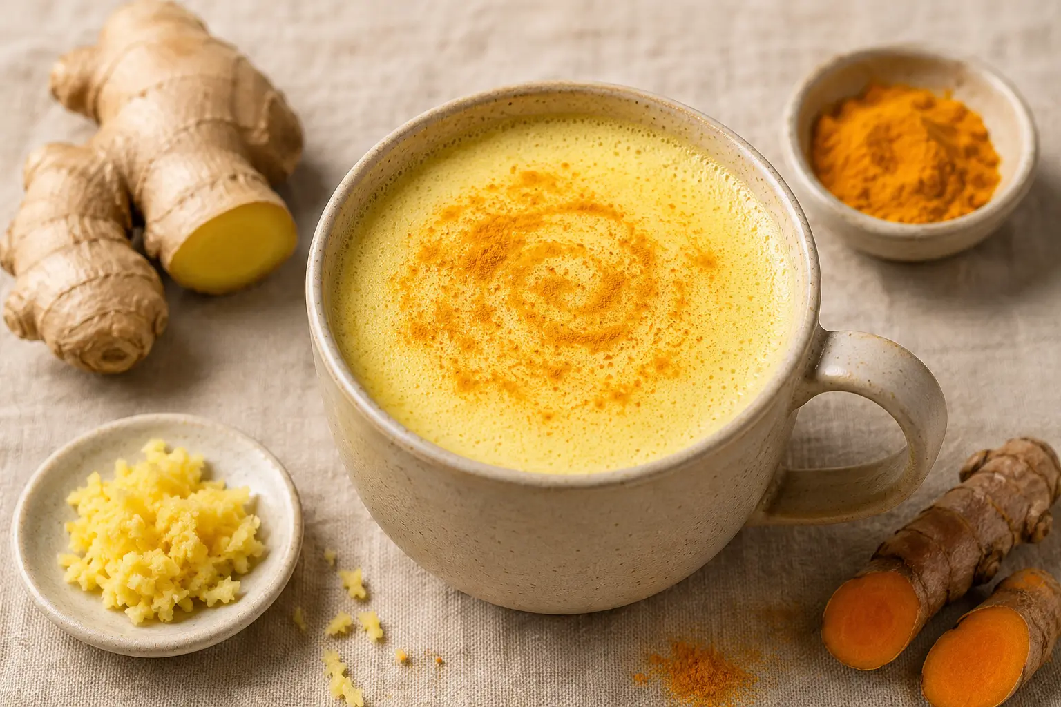 Lait doré au gingembre protéiné servi dans un mug avec saupoudrage de curcuma