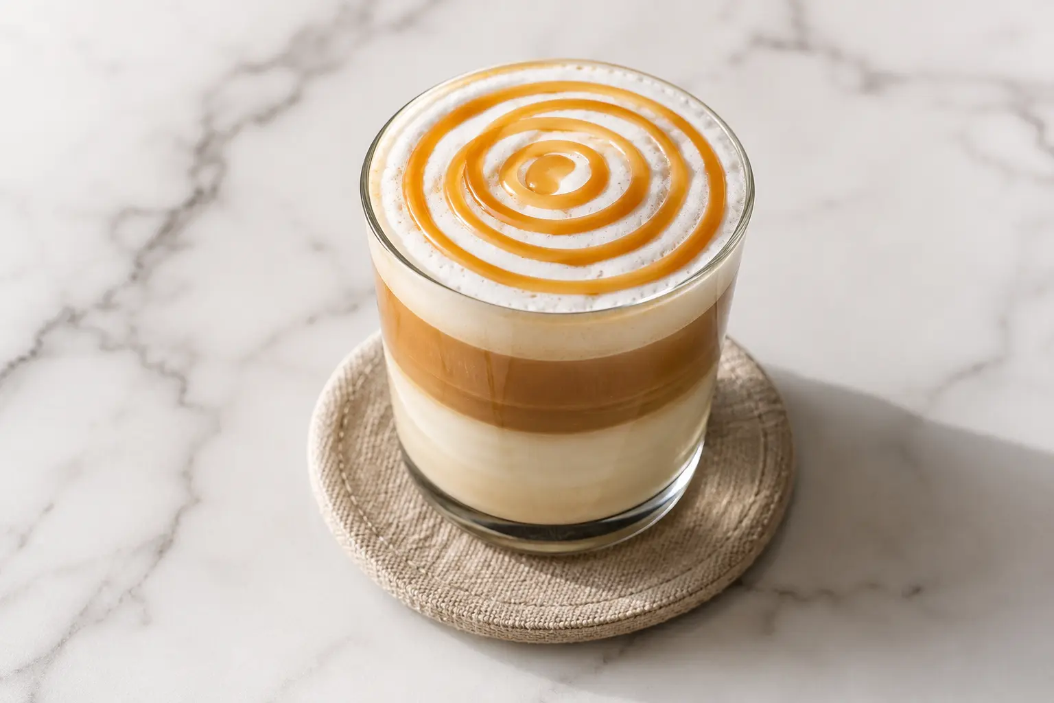 Latte caramel protéiné vu du dessus avec art latte caramel et cuillère en bois