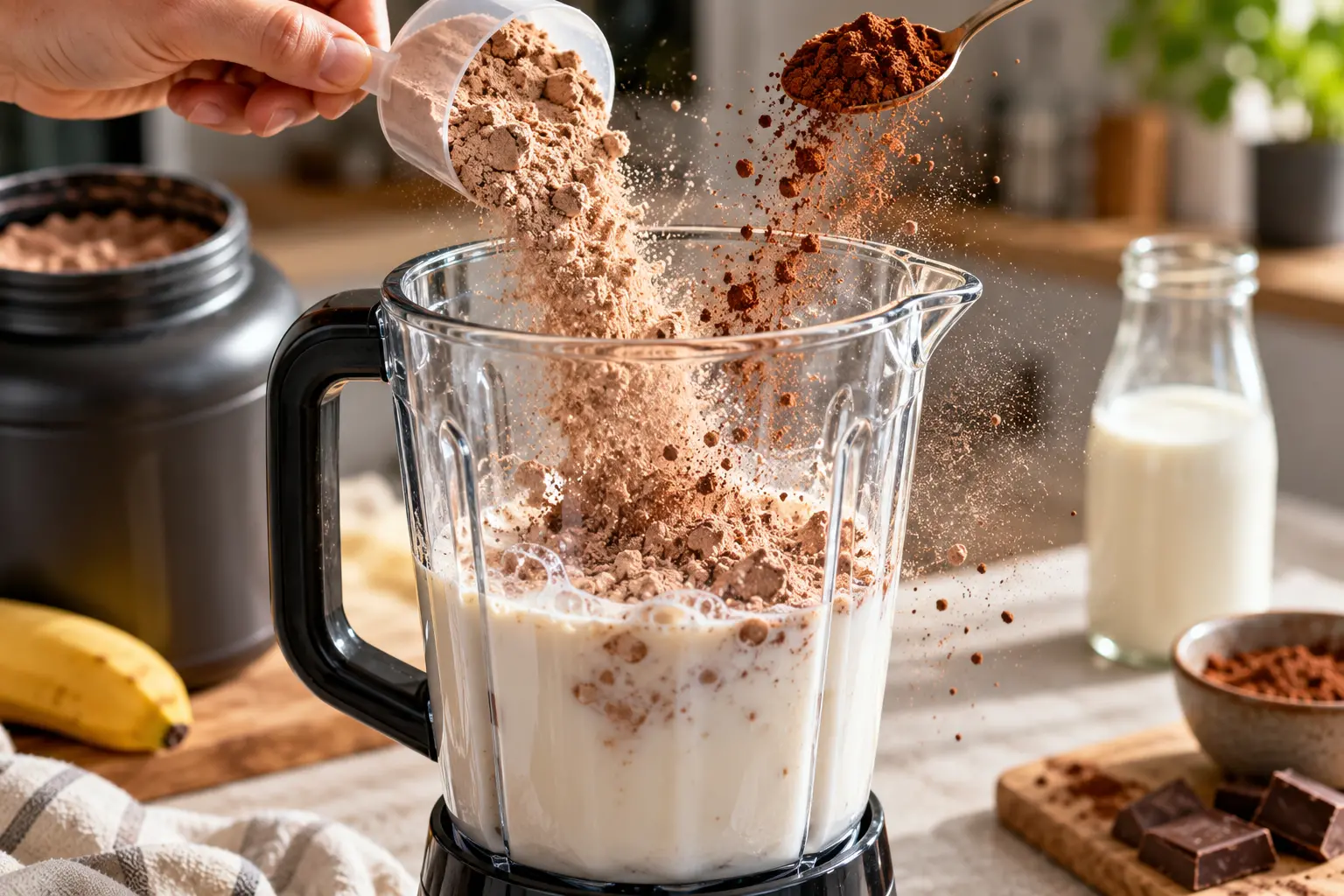 Versement de la poudre de whey chocolat et du cacao dans un shaker avec du lait