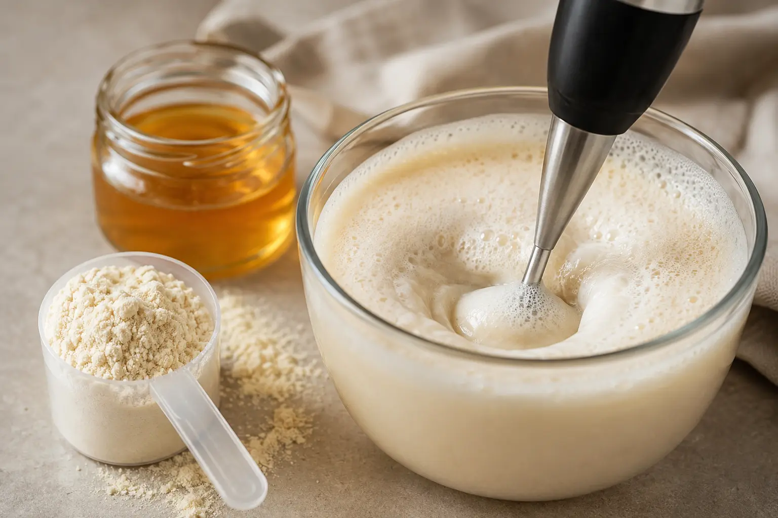 Fouet en action dans un bol de lait doré avec whey vanille en cours de mélange