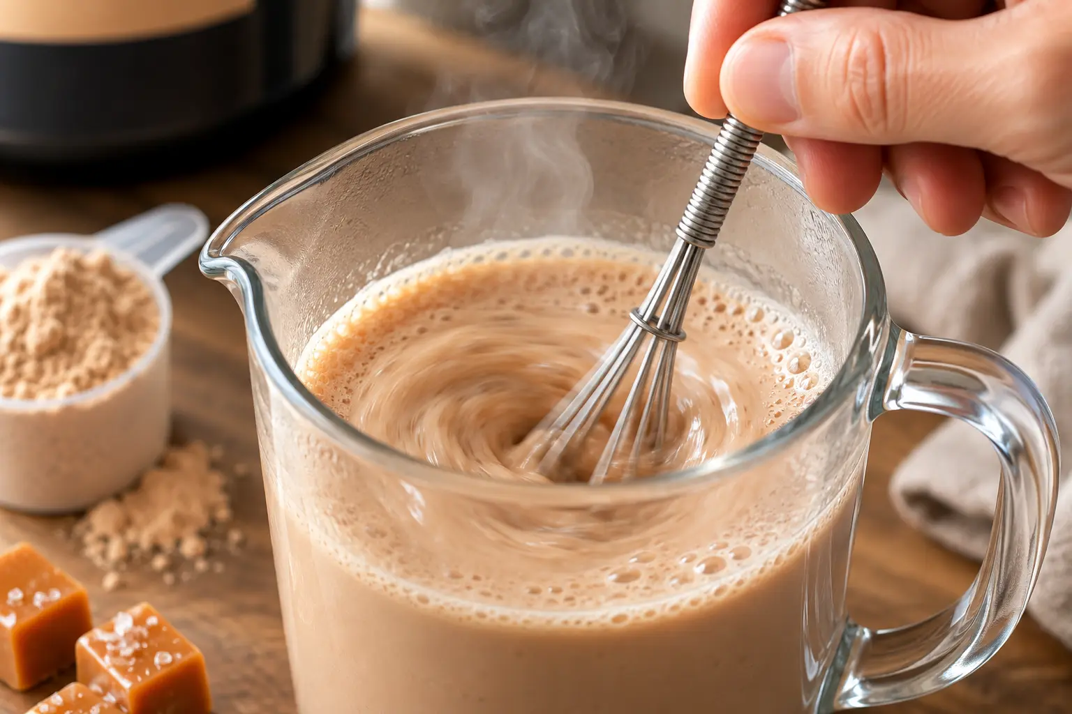 Main fouettant la whey caramel dans un pichet de lait tiède avec un mini fouet