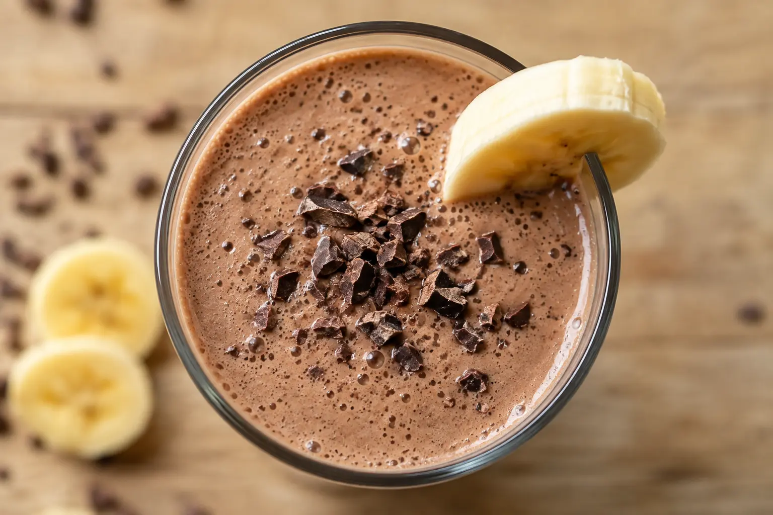 Vue rapprochée du milkshake banane-chocolat protéiné avec des copeaux de chocolat