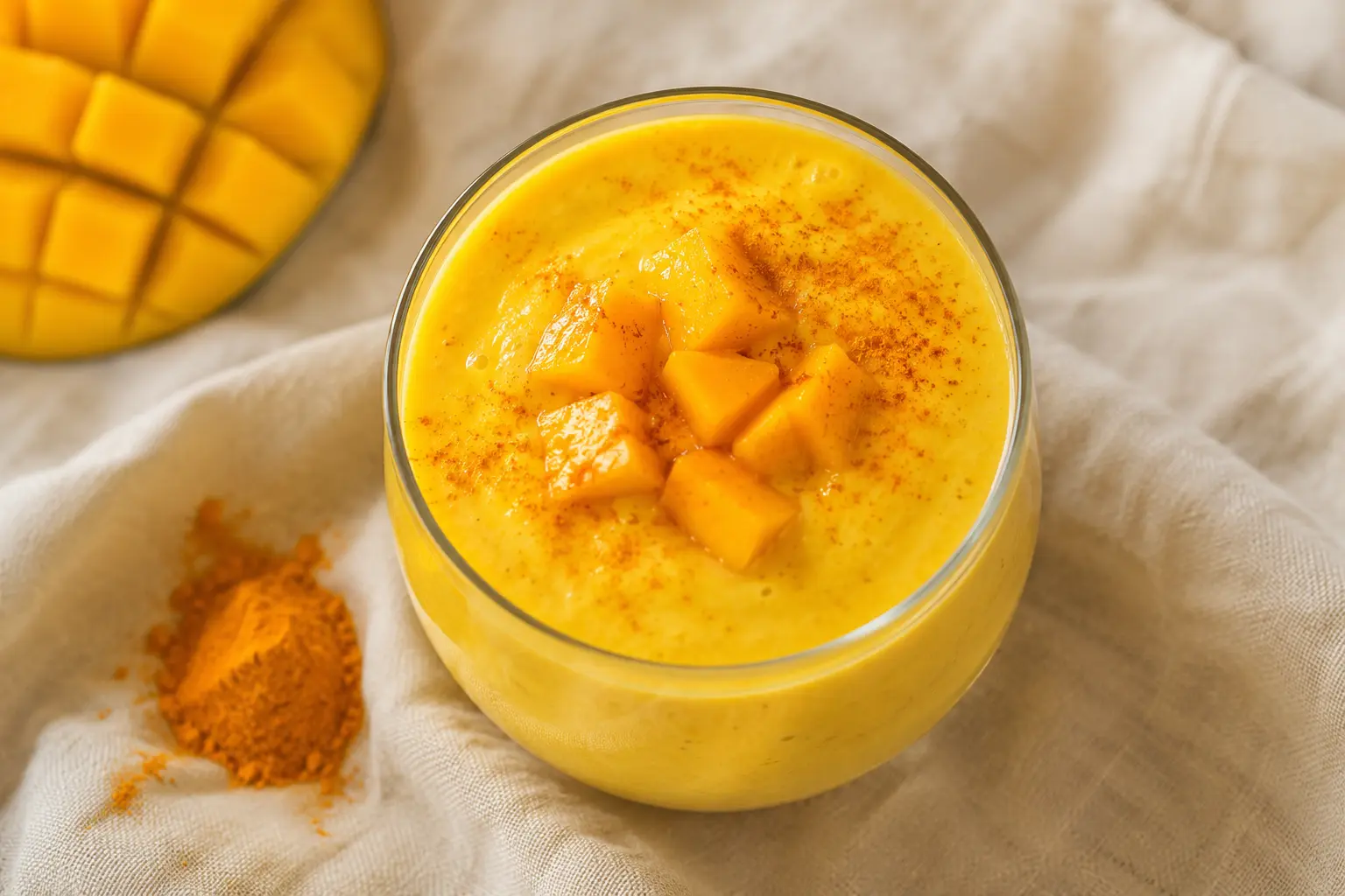 Verre de milkshake mangue protéiné vu de dessus avec une paille et des dés de mangue