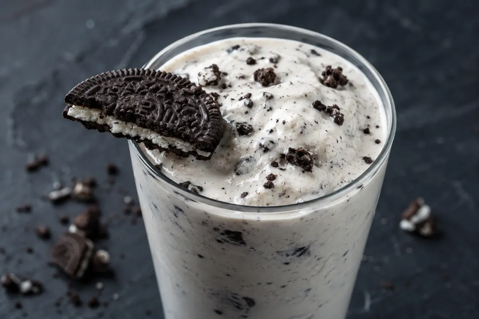 Gros plan sur un milkshake vanille-cookies dans un verre transparent, éclats de cookies noirs visibles dans la masse blanche crémeuse, morceau de biscuit sur le bord