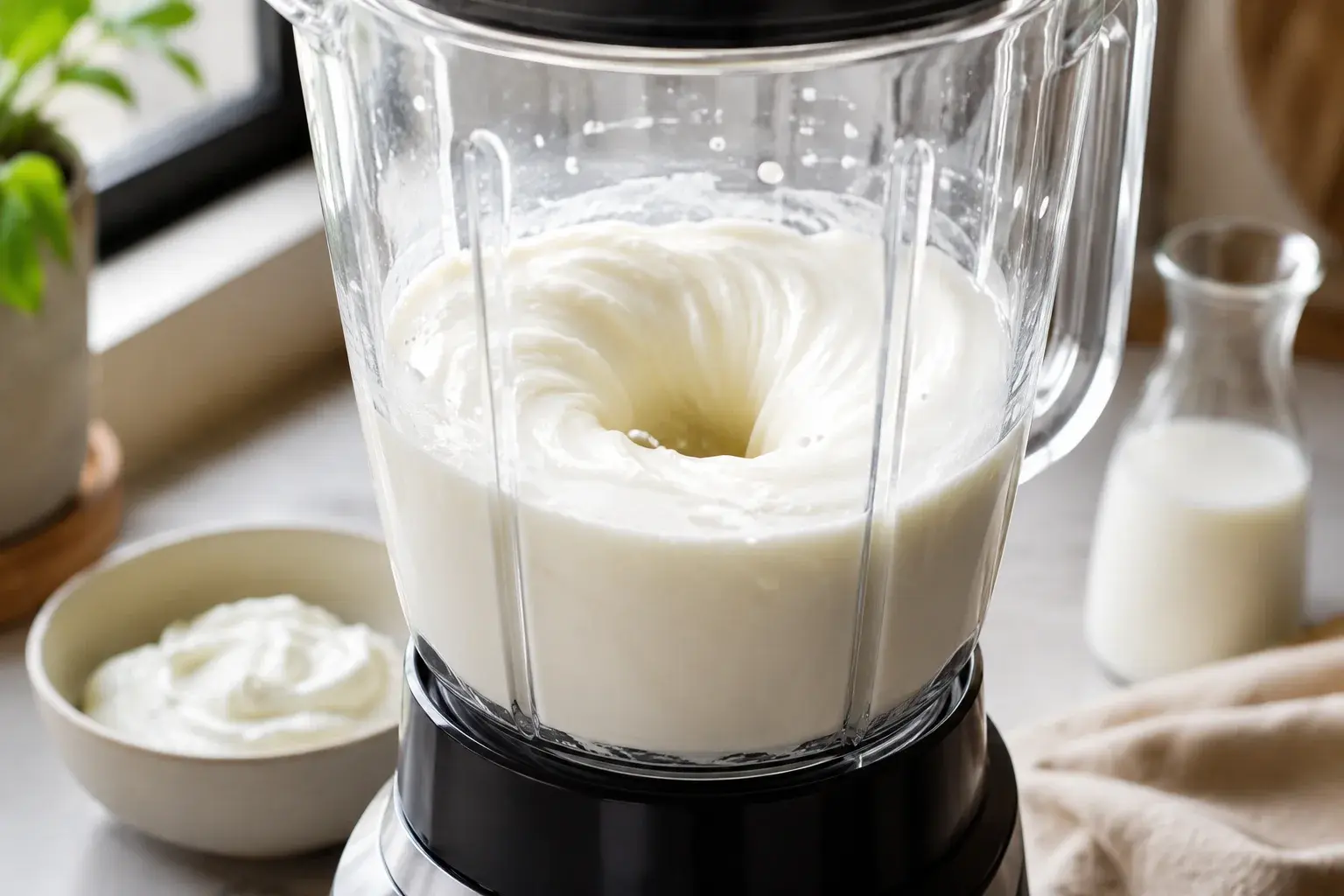 Blender contenant le fromage blanc, le lait et la whey en cours de mixage