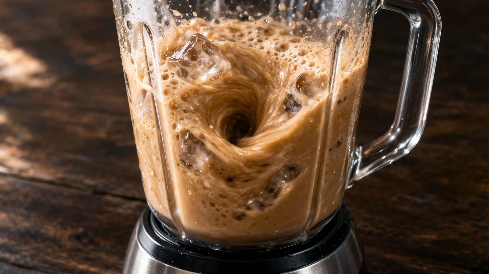 Blender en action mixant la boisson café-guarana protéinée, mousse visible en surface