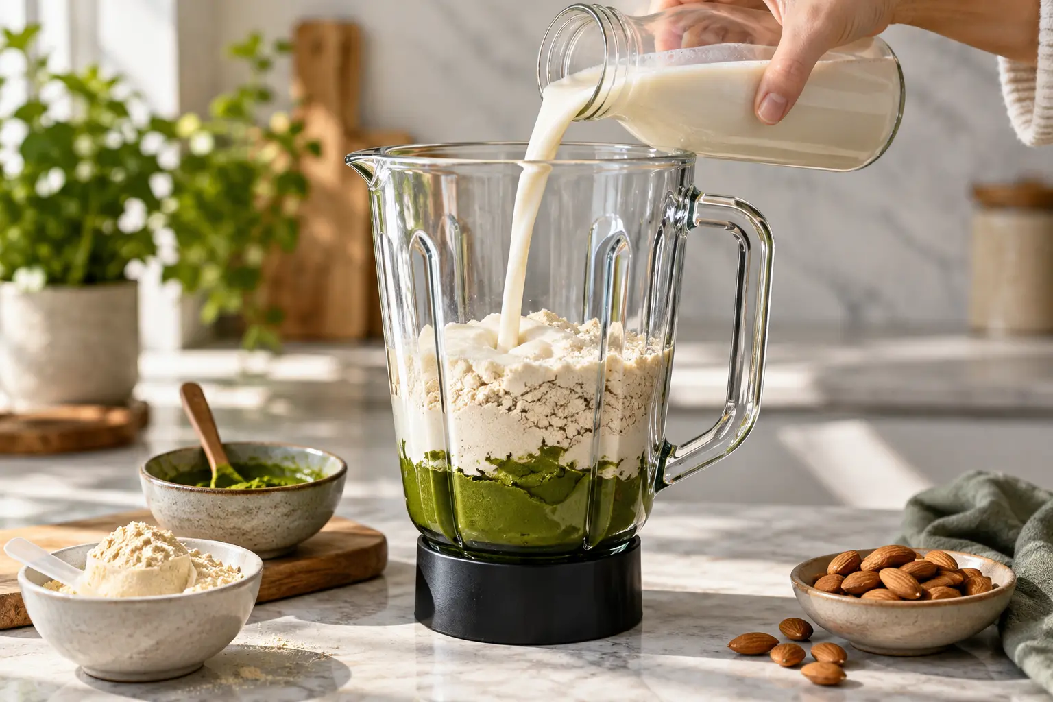 Ingrédients versés dans un blender pour la boisson matcha protéinée