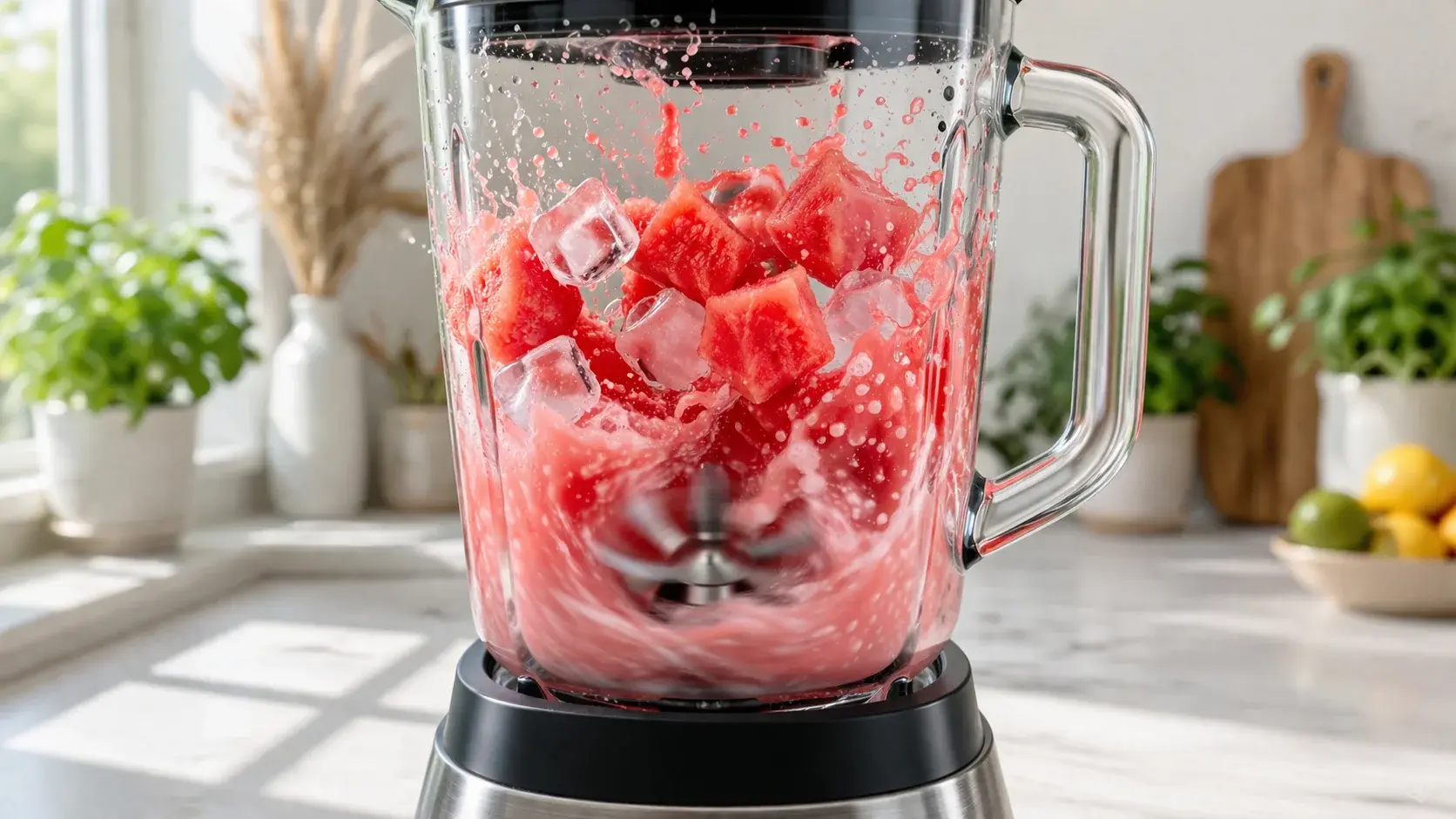 Blender transparent en fonctionnement avec des cubes de pastèque rouge, de la glace et du liquide en cours de mixage, fond de cuisine claire