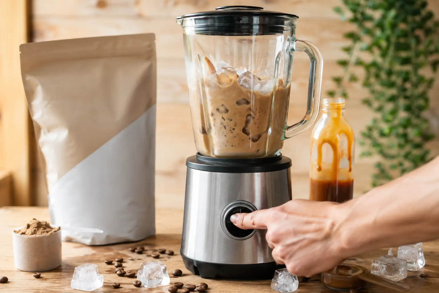 Blender en action contenant du café, du lait et de la whey pour le café glacé caramel protéiné
