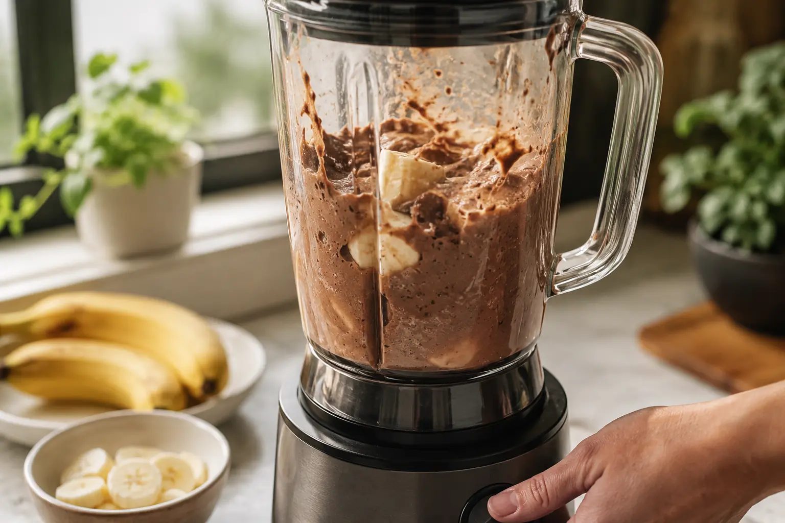 Blender en action avec le mélange banane-chocolat protéiné