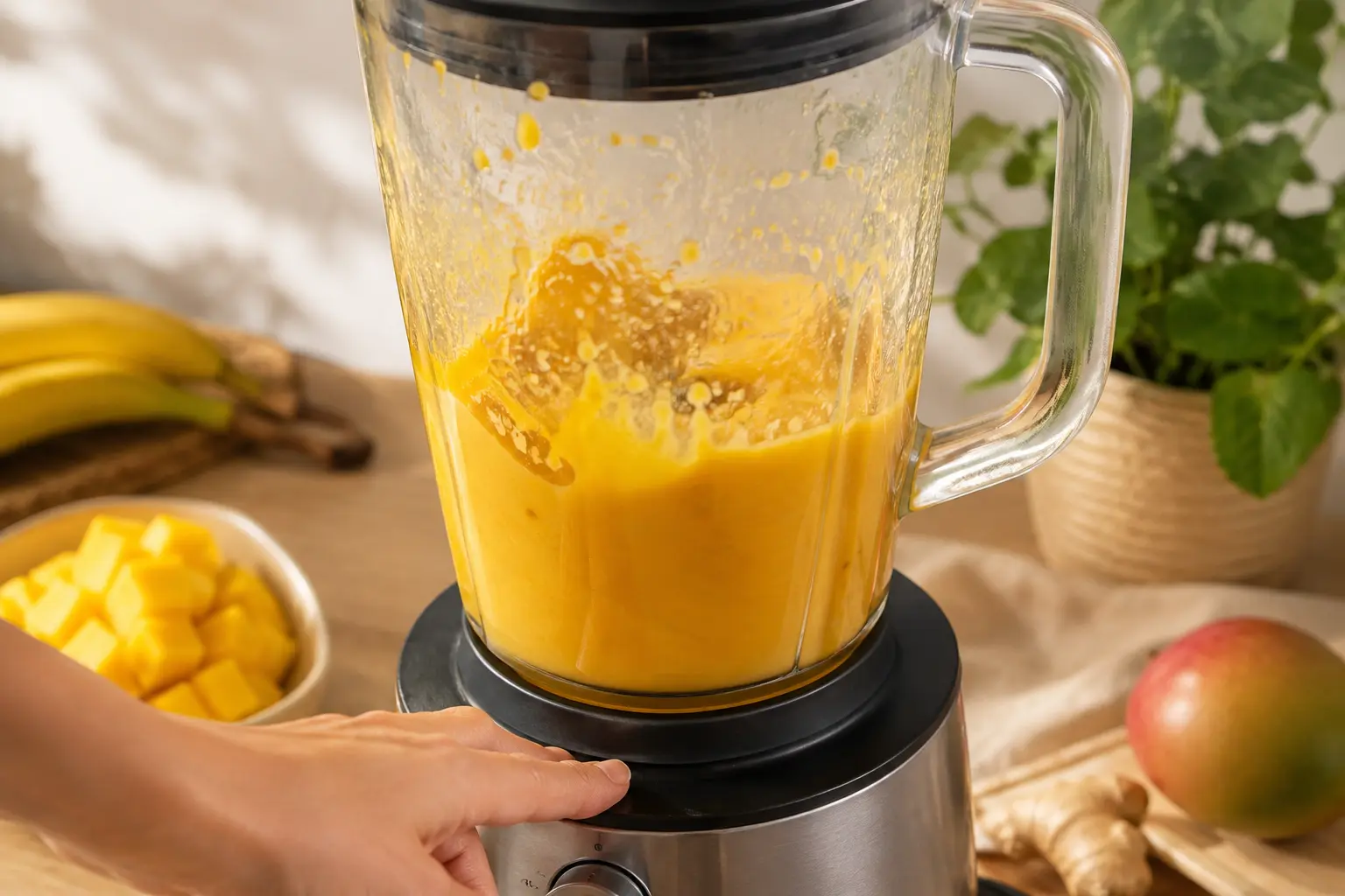 Blender en action avec le mélange mangue, yaourt grec et whey en cours de mixage