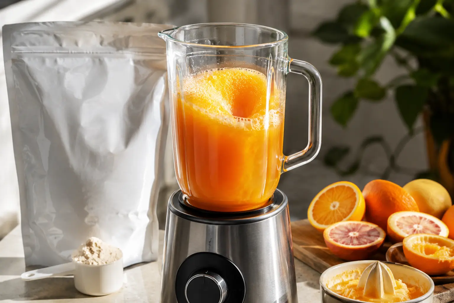Ingrédients du pré-workout agrumes versés dans un blender en cours de mixage