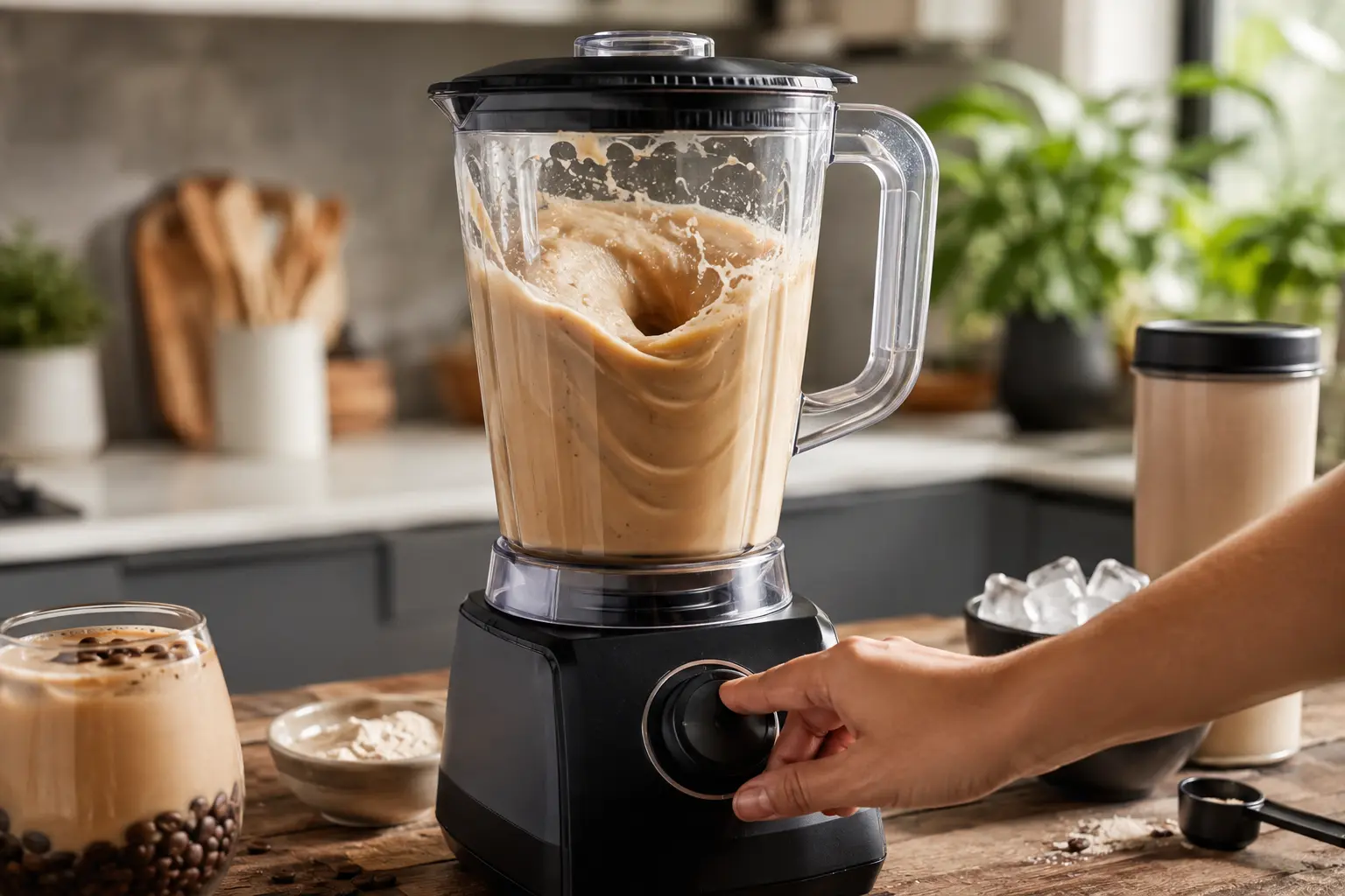 Blender en action mixant le shake café frappé protéiné avec une texture crémeuse visible