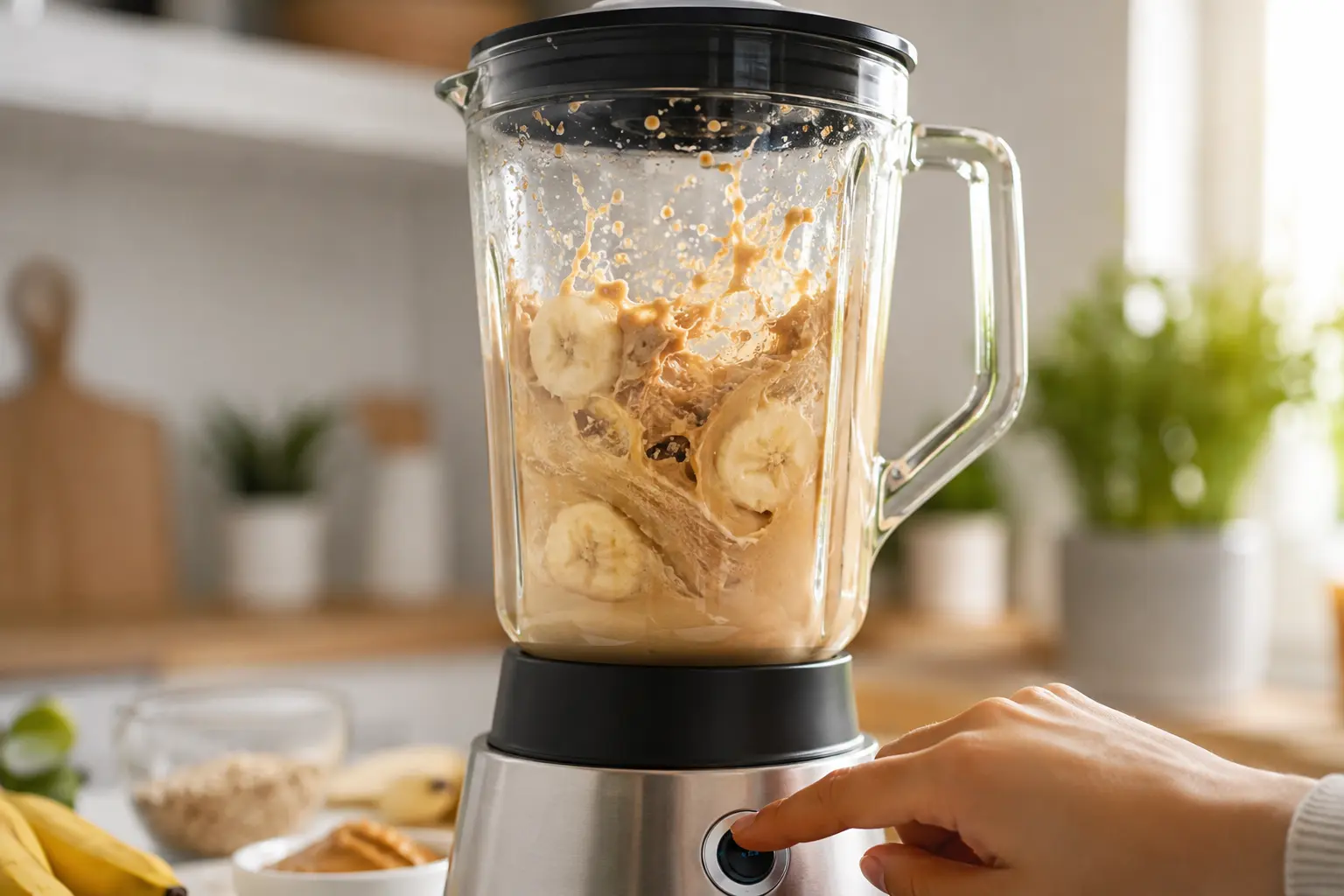 Blender en action mixant le lait, la banane et la whey caramel pour le shake protéiné