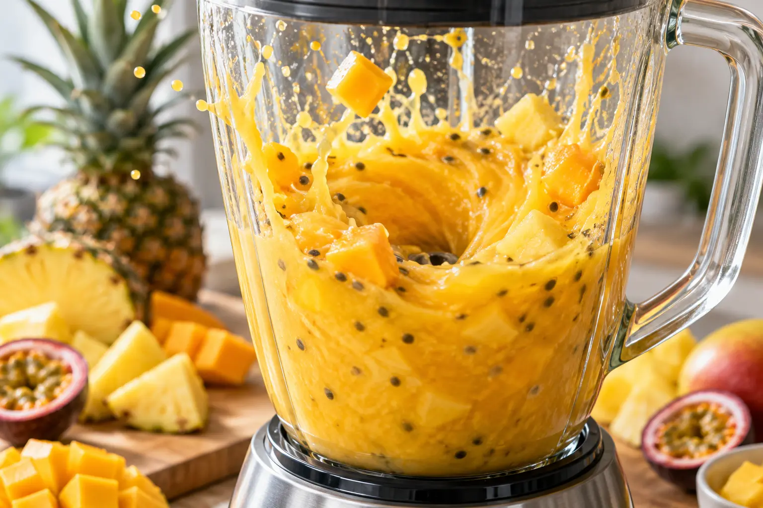 Blender en action avec mélange de fruits exotiques et lait de coco qui se mixent
