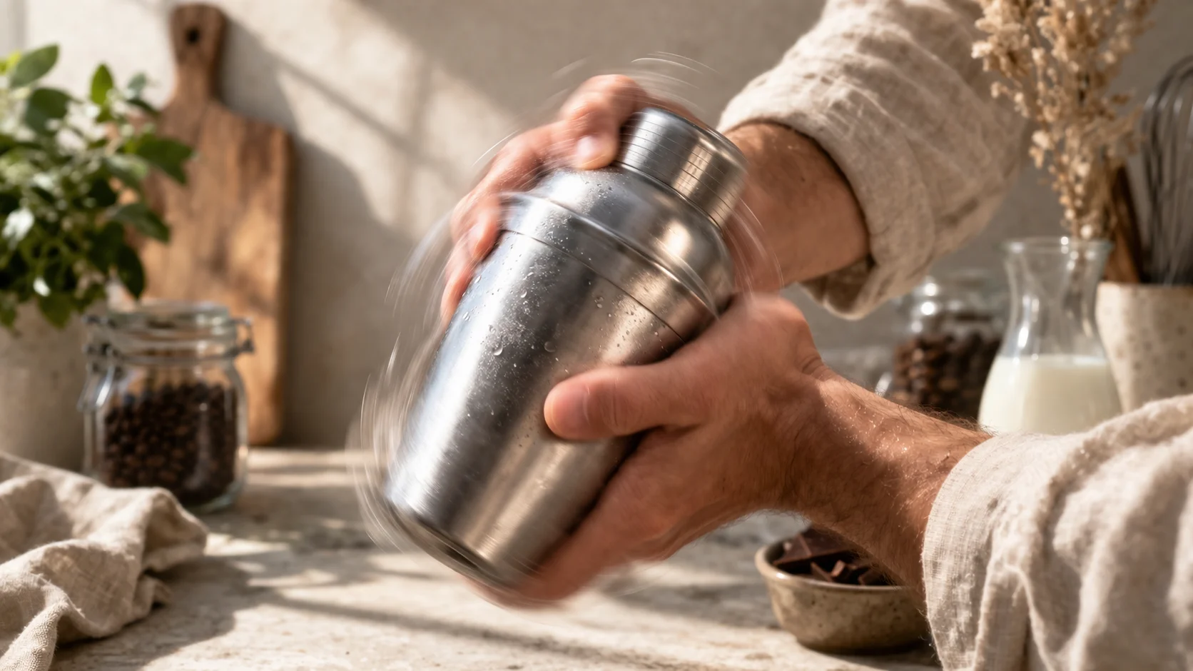 Mains secouant un shaker en métal contenant le mélange moka café chocolat protéine
