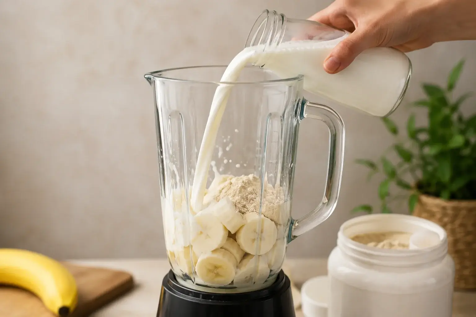 Blender en action avec les ingrédients du shake vanille en train d'être mixés