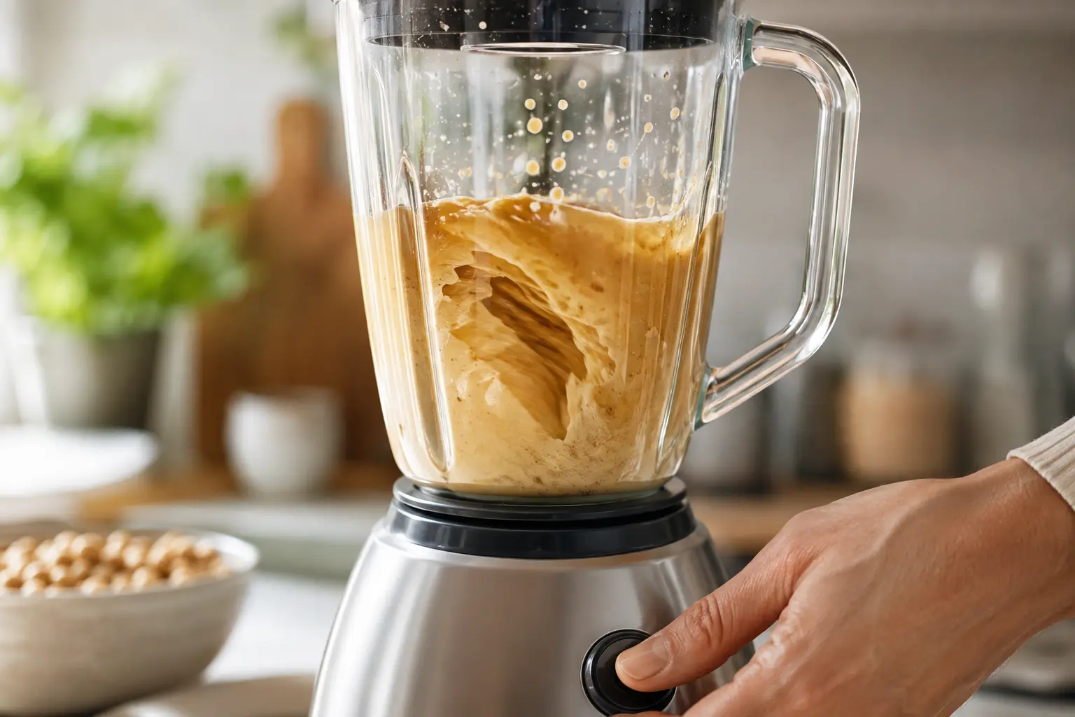 Blender en action avec les ingrédients du smoothie banane-amandes en train d'être mixés