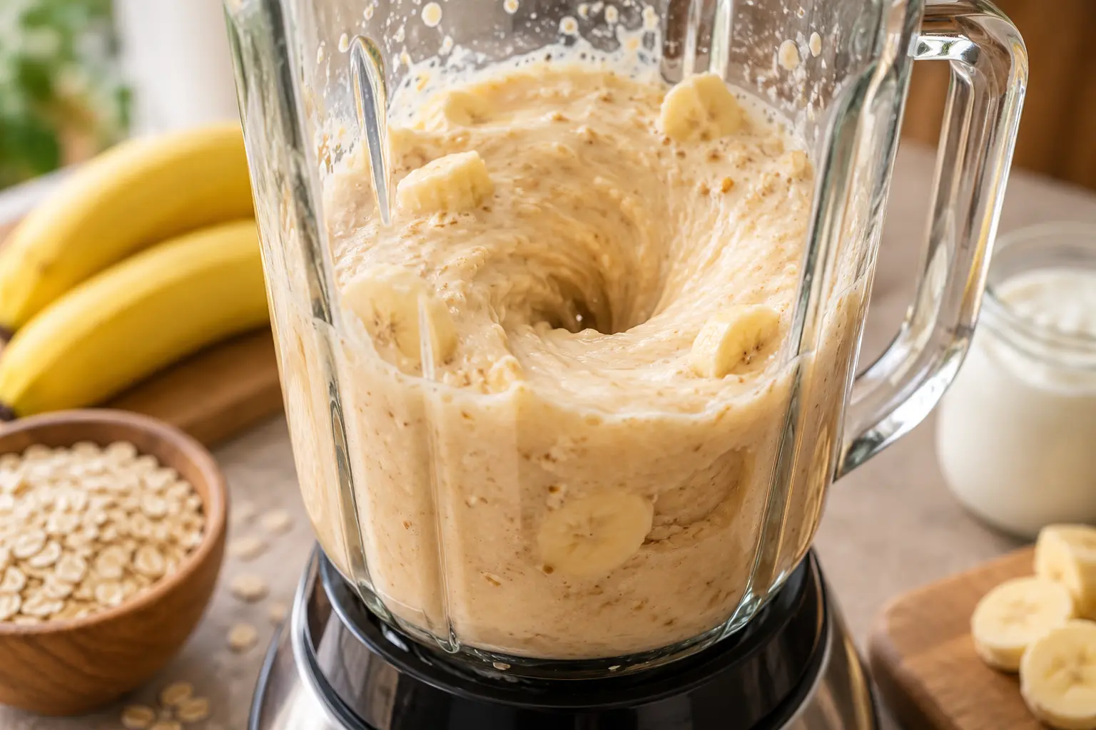Blender en action avec le mélange banane-avoine en cours de mixage