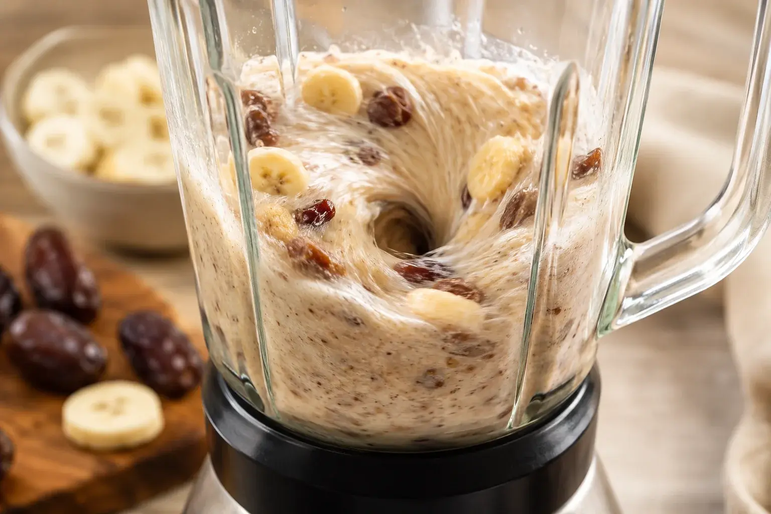 Blender en action avec le mélange banane-dattes en cours de mixage