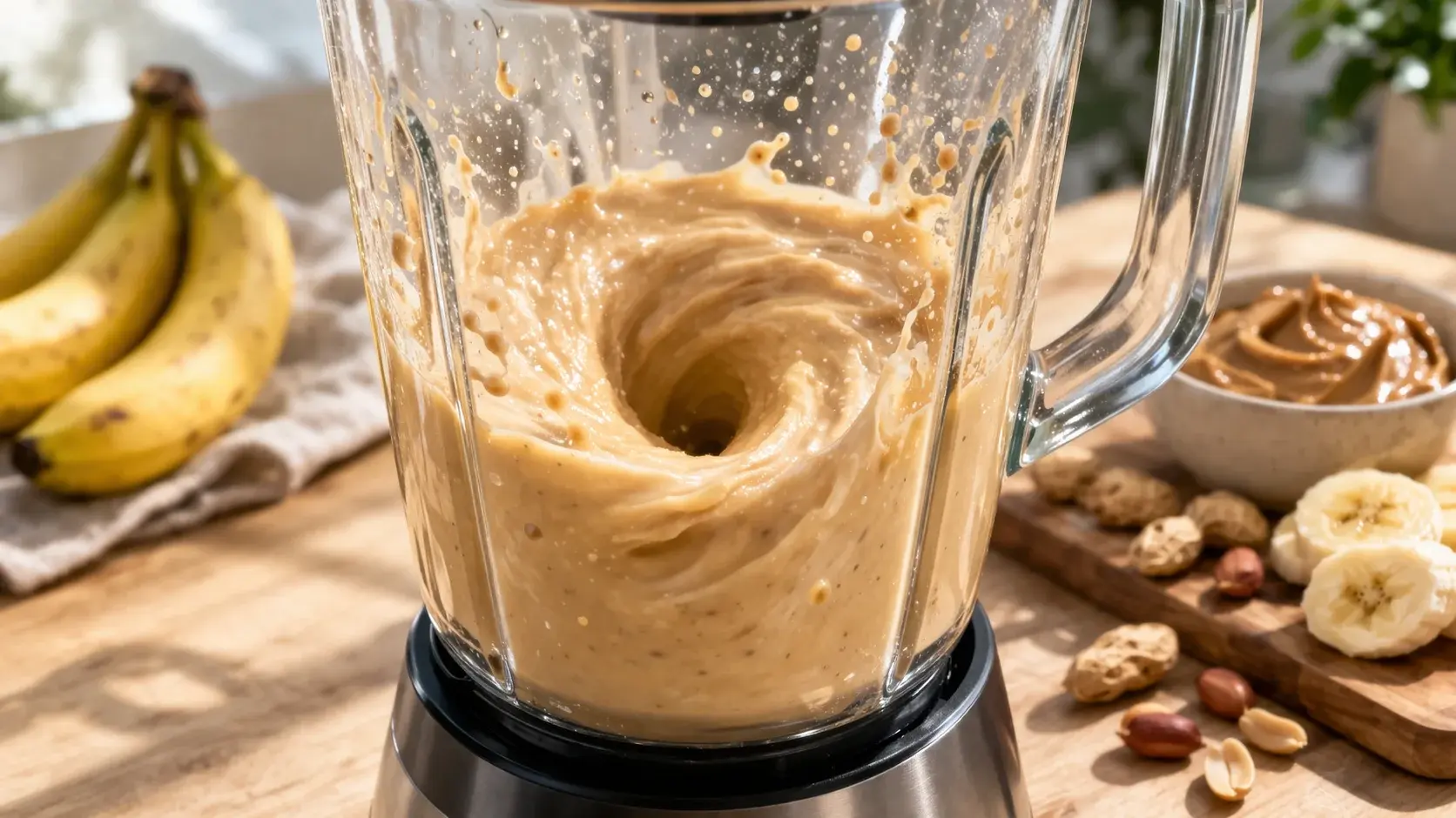 Blender en pleine action avec le smoothie beurre cacahuète-banane en cours de mixage, texture crémeuse visible