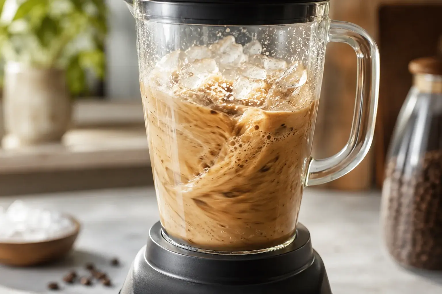 Blender en marche avec café frappé beige-brun en train de tourbillonner derrière le bol transparent, glaçons broyés et texture mousseuse visible