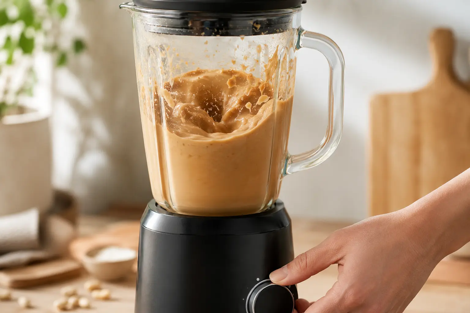 Blender en action mixant le smoothie caramel beurre salé