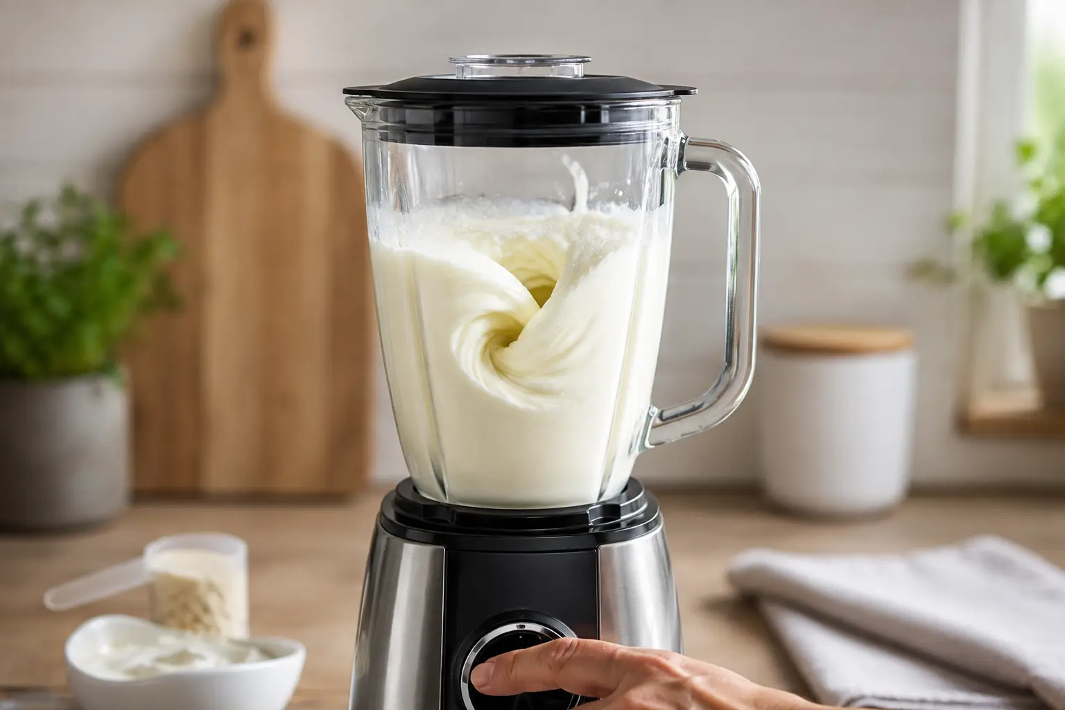 Blender en action avec la base crémeuse blanche du smoothie cheesecake en cours de mixage
