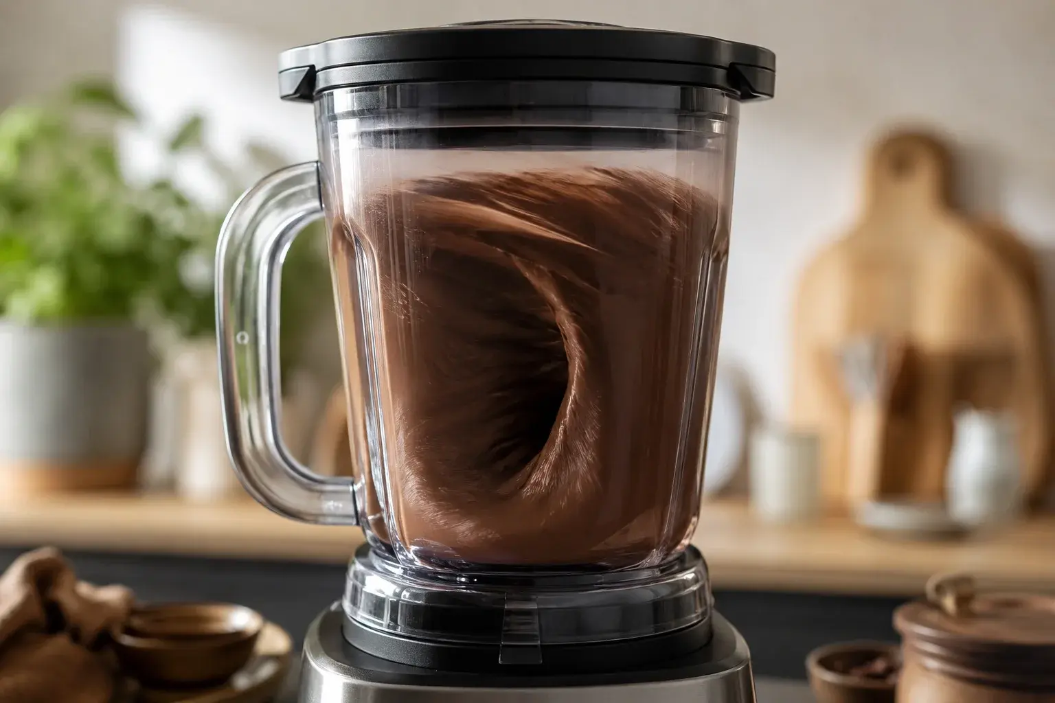Blender en marche avec smoothie chocolat brun foncé en train de tourbillonner derrière le bol transparent, texture crémeuse visible