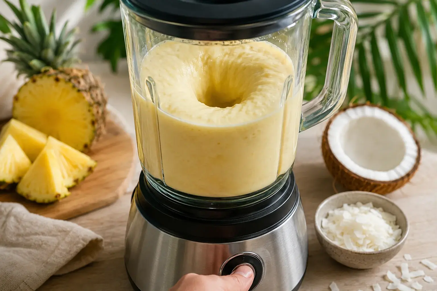 Blender en action avec le mélange coco-ananas protéiné en train d'être mixé