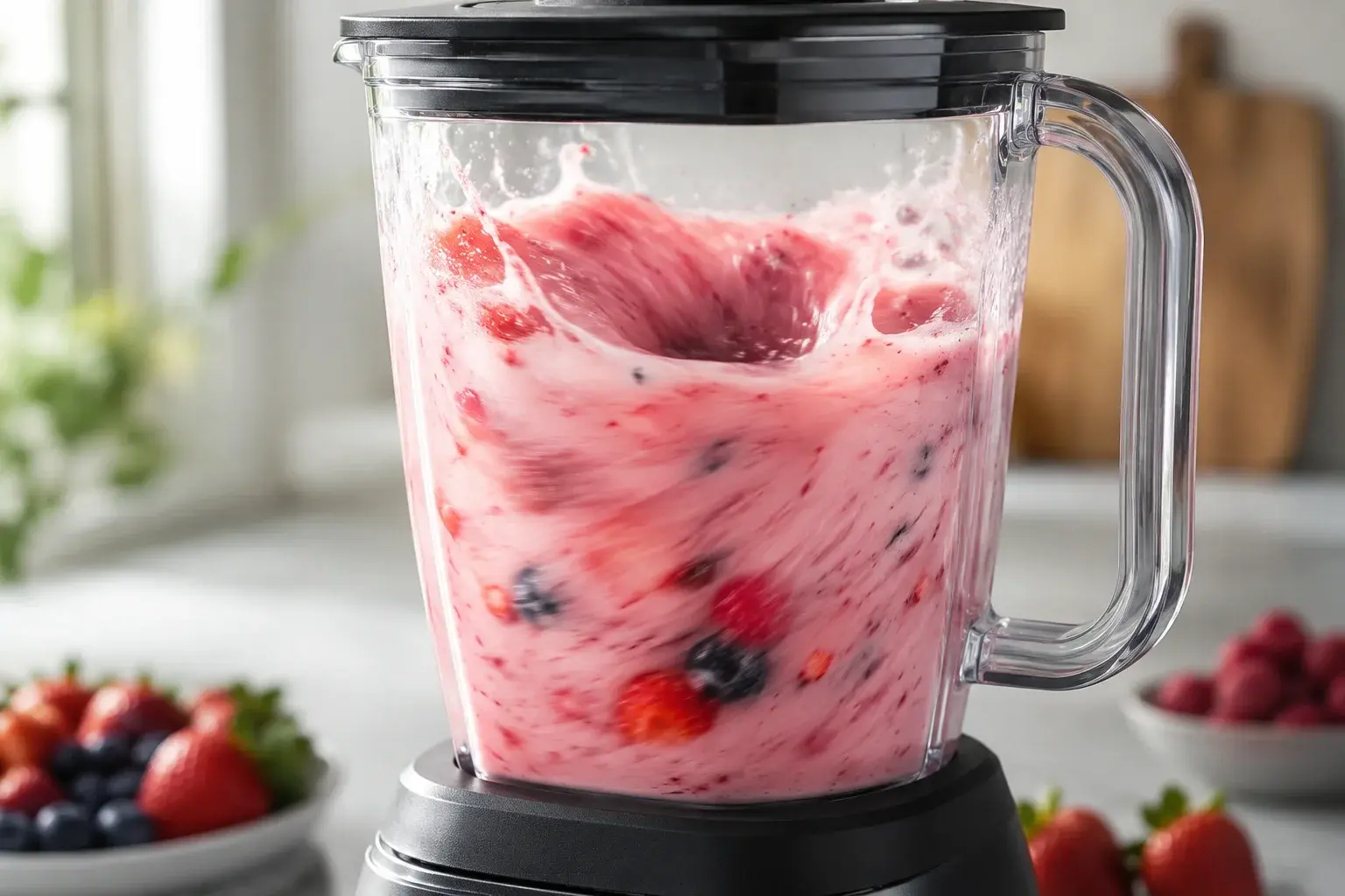 Blender en marche avec smoothie rose tendre en train de tourbillonner derrière le bol transparent, mouvement des fruits visible