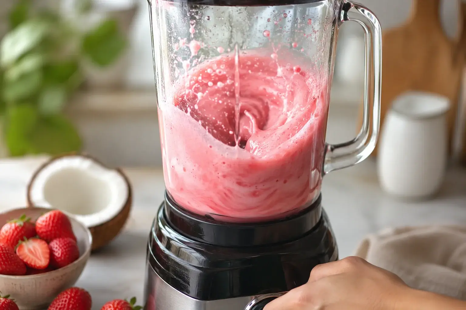 Blender en action mixant les fraises et le lait de coco pour le smoothie protéiné