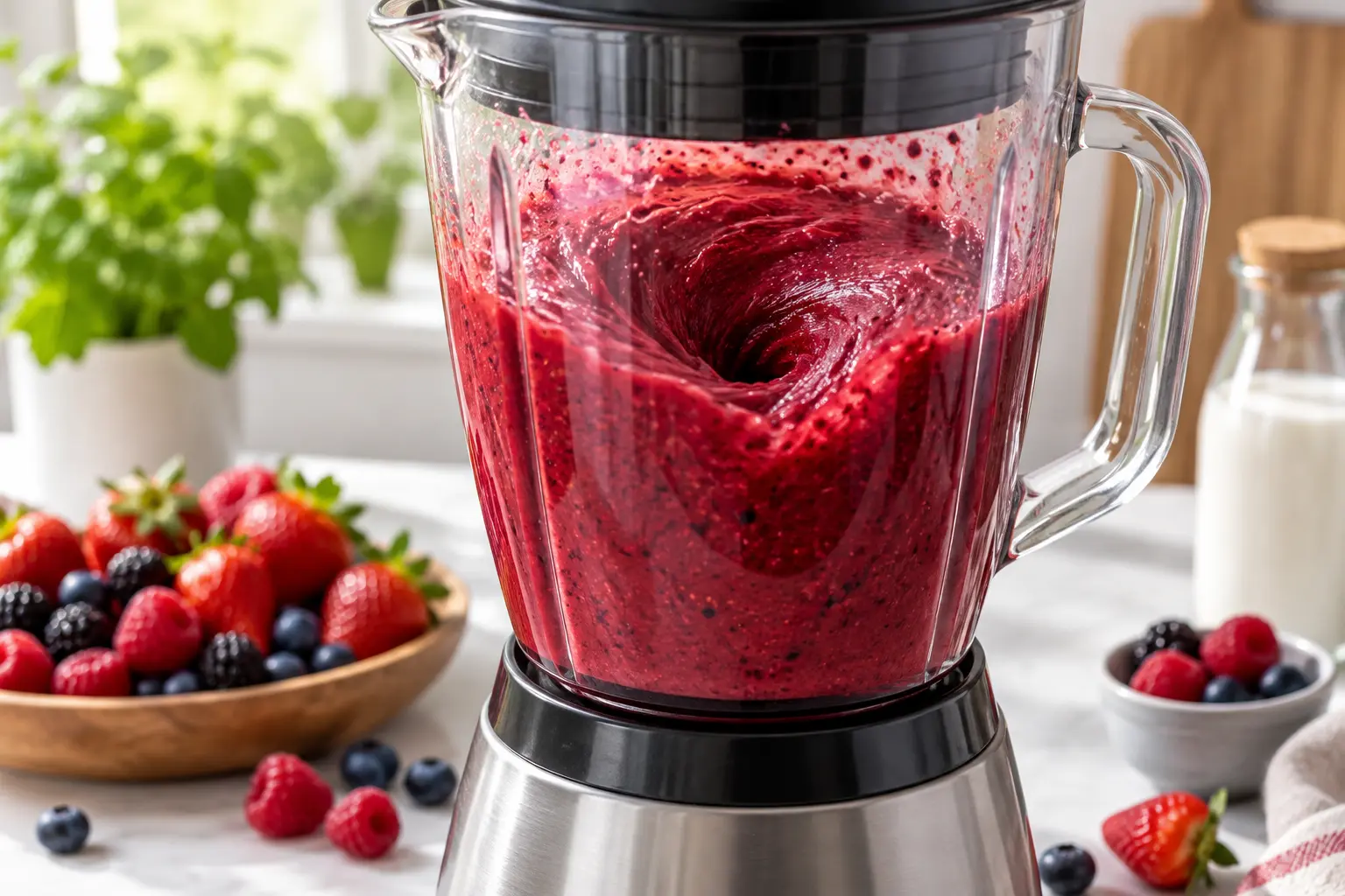 Blender en action mixant un smoothie fruits rouges d'une couleur rouge intense