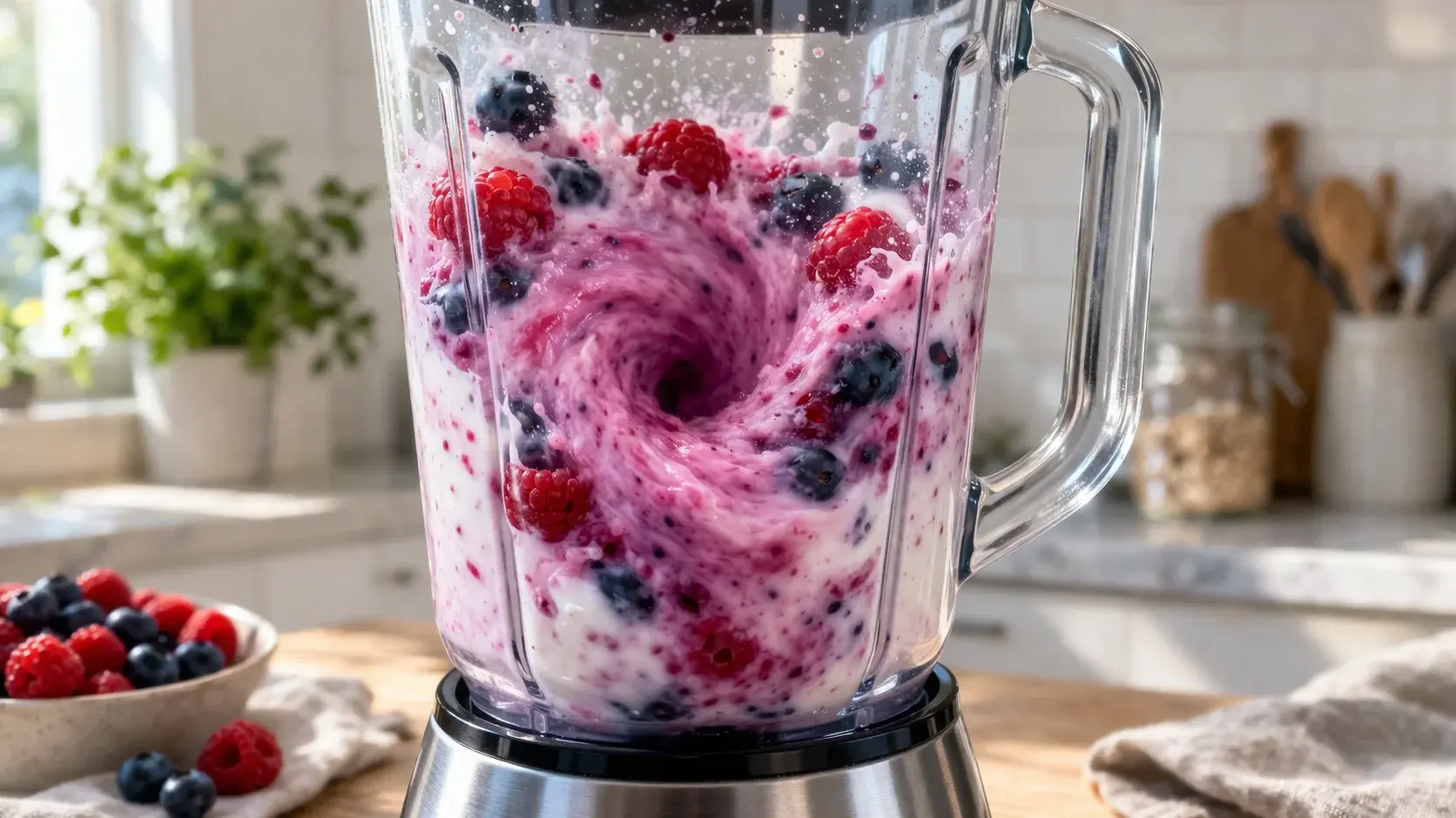Blender transparent en action avec du kéfir blanc et des fruits rouges violet-rouge en cours de mixage, tourbillon coloré visible à travers la paroi, fond de cuisine claire