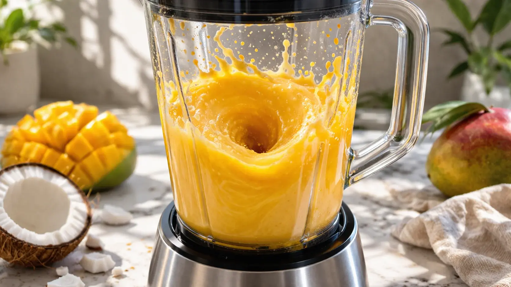 Blender en plein fonctionnement avec le smoothie mangue-coco en cours de mixage, couleur jaune orangé vive visible à travers le bol transparent