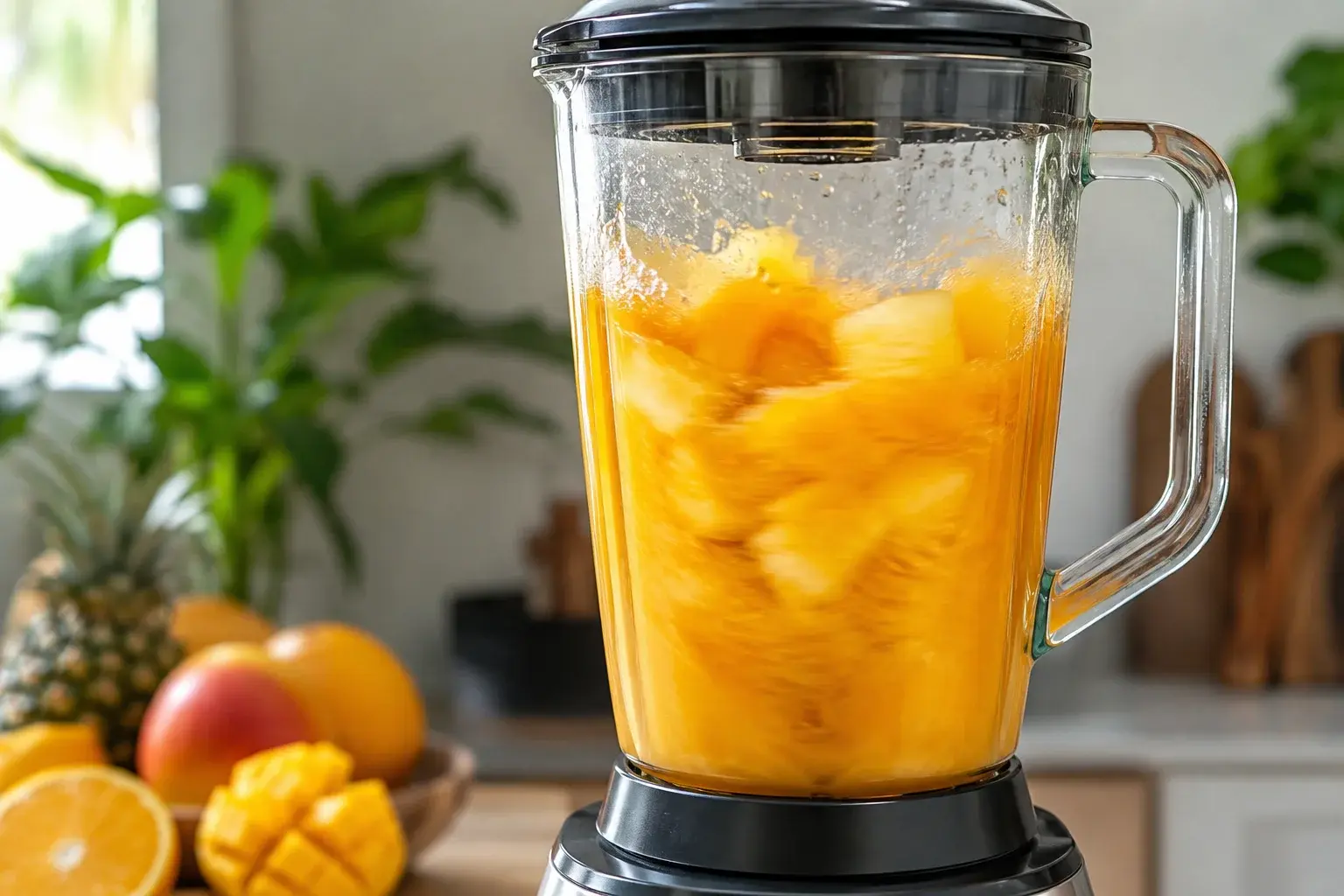Blender en marche avec smoothie jaune-orangé en train de tourbillonner derrière le bol transparent, mouvement des fruits visible