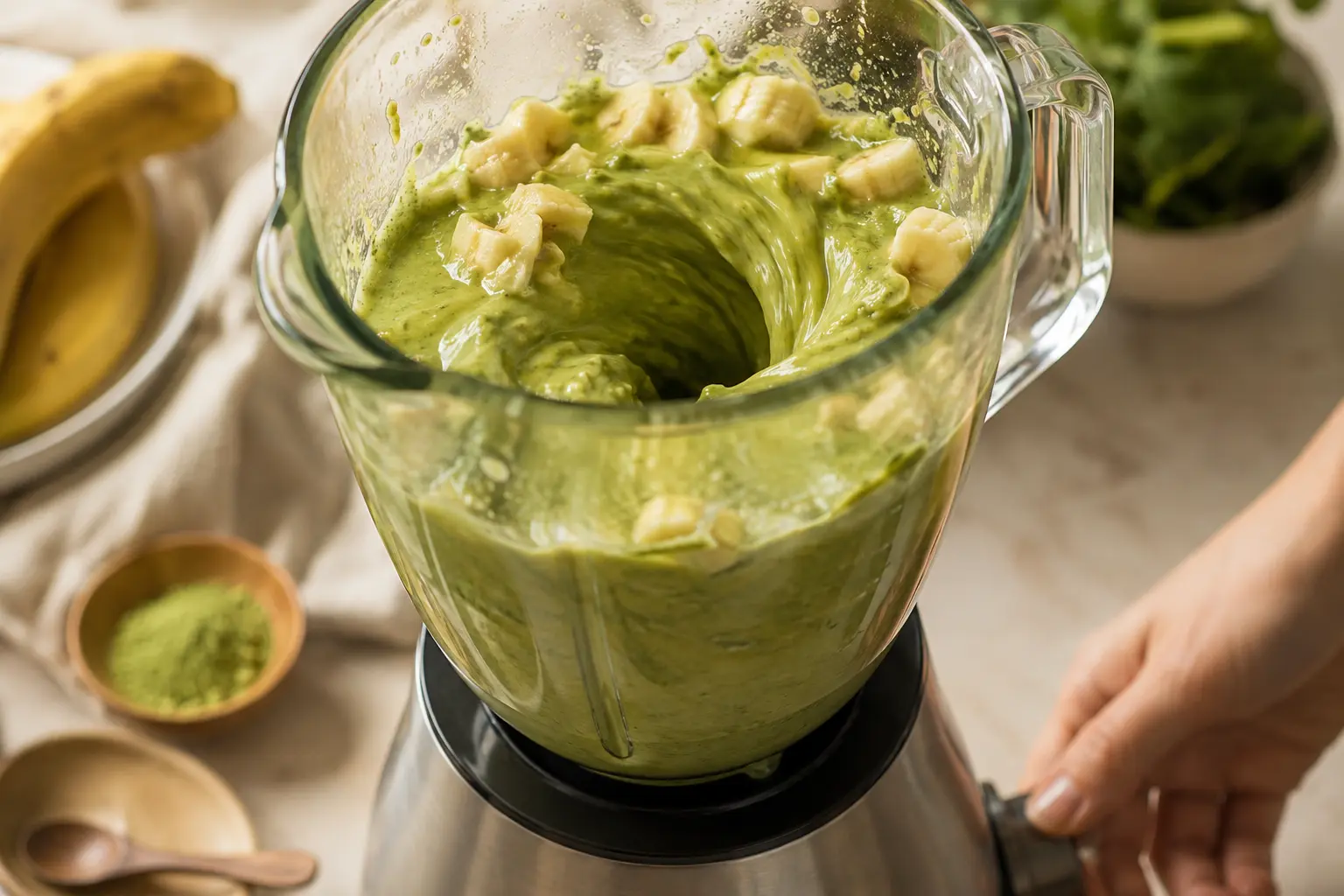 Blender en action avec un mélange vert crémeux de smoothie matcha protéiné