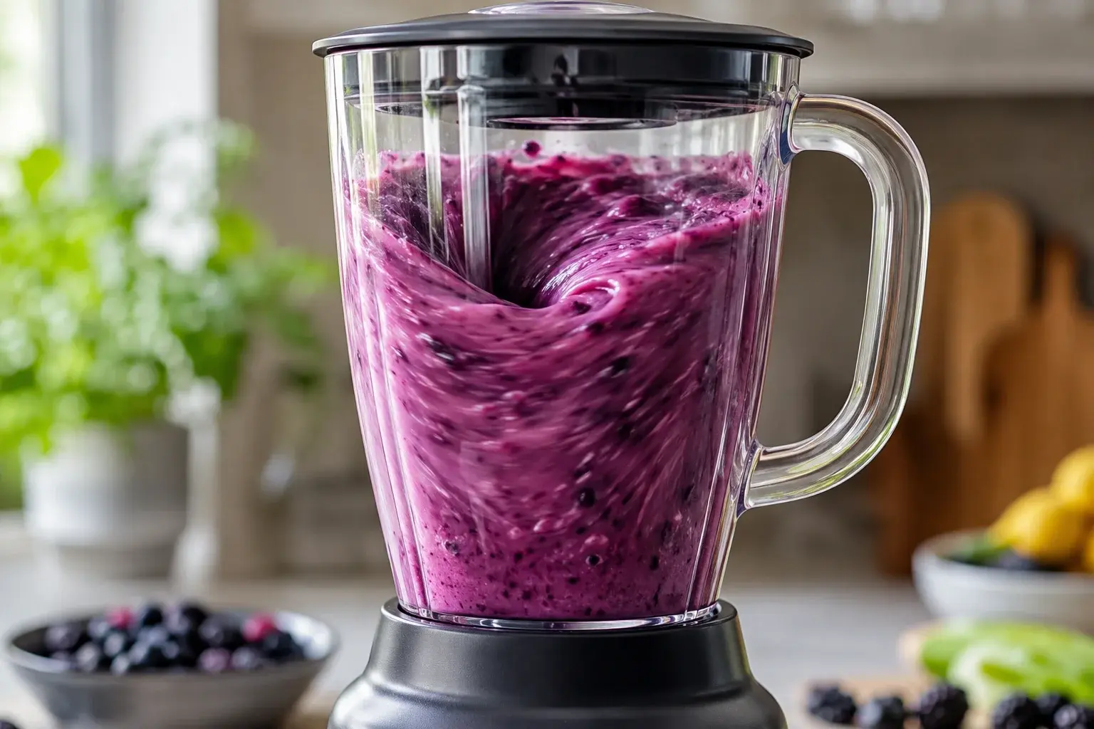 Blender en marche avec smoothie violet intense en train de tourbillonner derrière le bol transparent, texture crémeuse et onctueuse visible