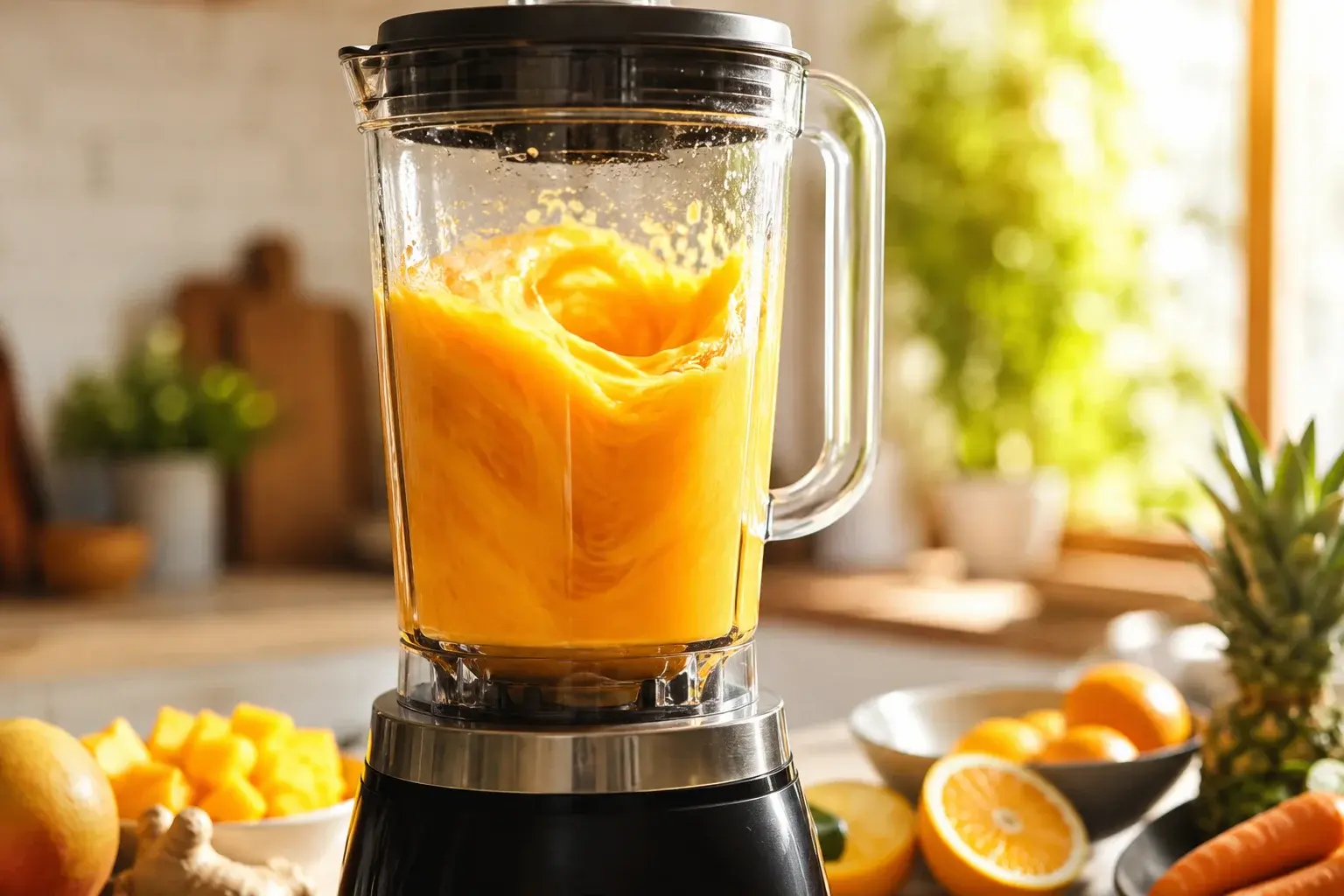 Blender en marche avec smoothie orangé vif en train de tourbillonner derrière le bol transparent, texture veloutée et mouvement flou visibles