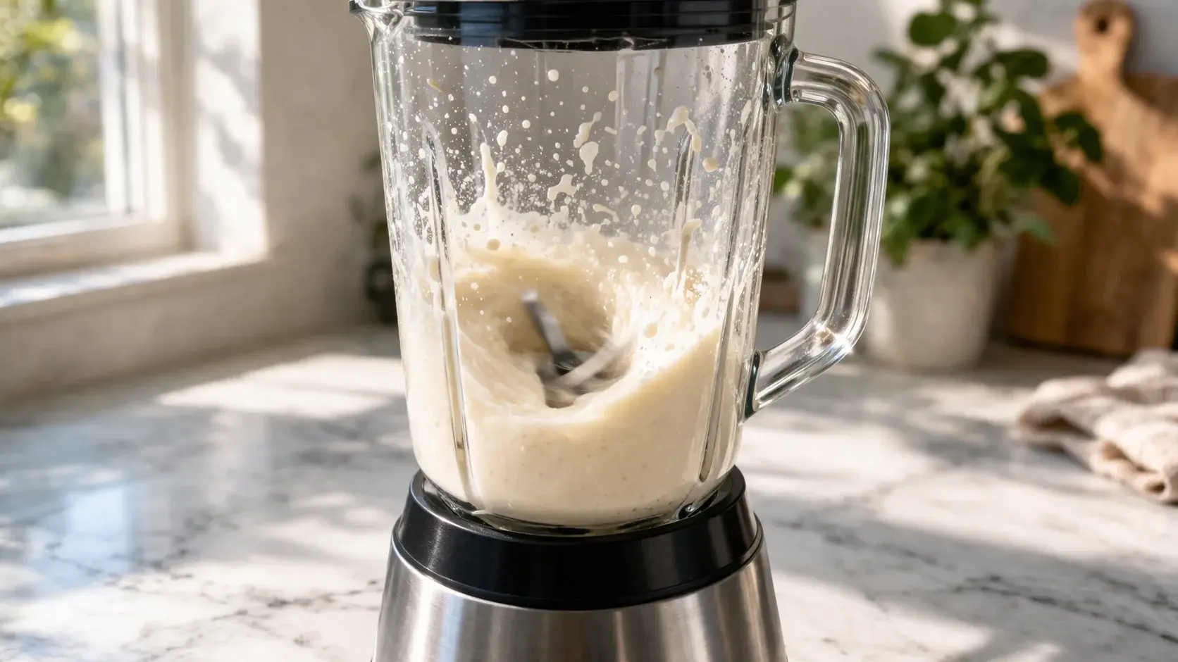 Blender en action contenant le smoothie poire-vanille en cours de mixage, vue de côté sur fond de cuisine claire