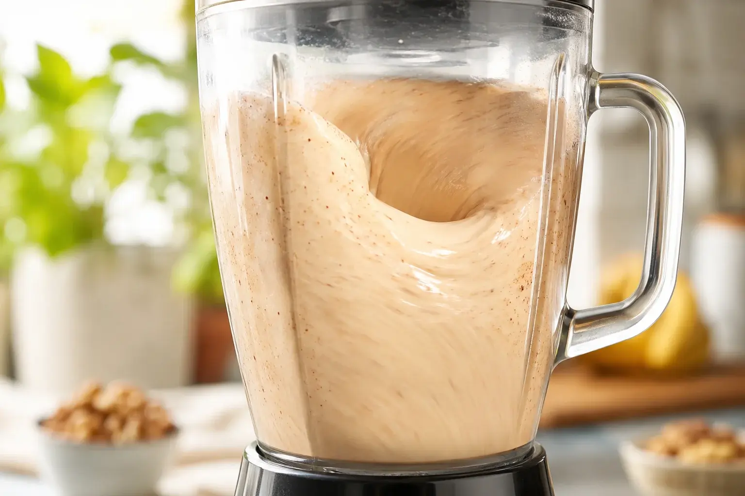 Blender en marche avec smoothie beige clair tacheté de cannelle en train de tourbillonner derrière le bol transparent, mouvement flou visible