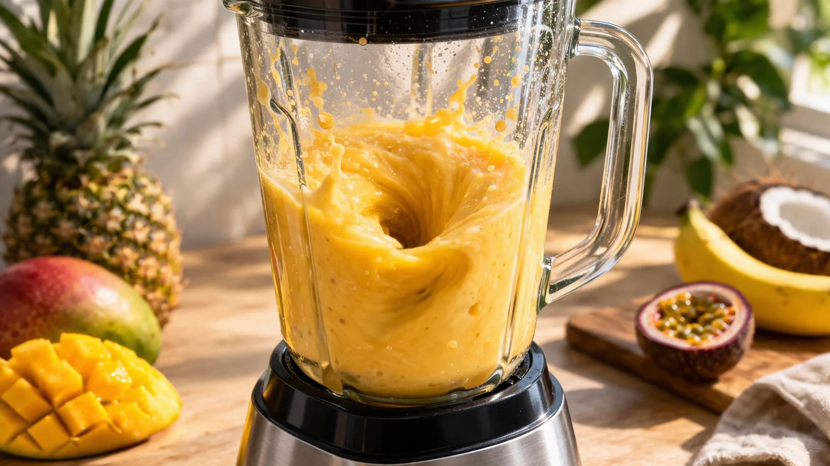 Blender en plein fonctionnement avec le smoothie tropical jaune-orangé en cours de mixage, tourbillon visible à travers le bol transparent